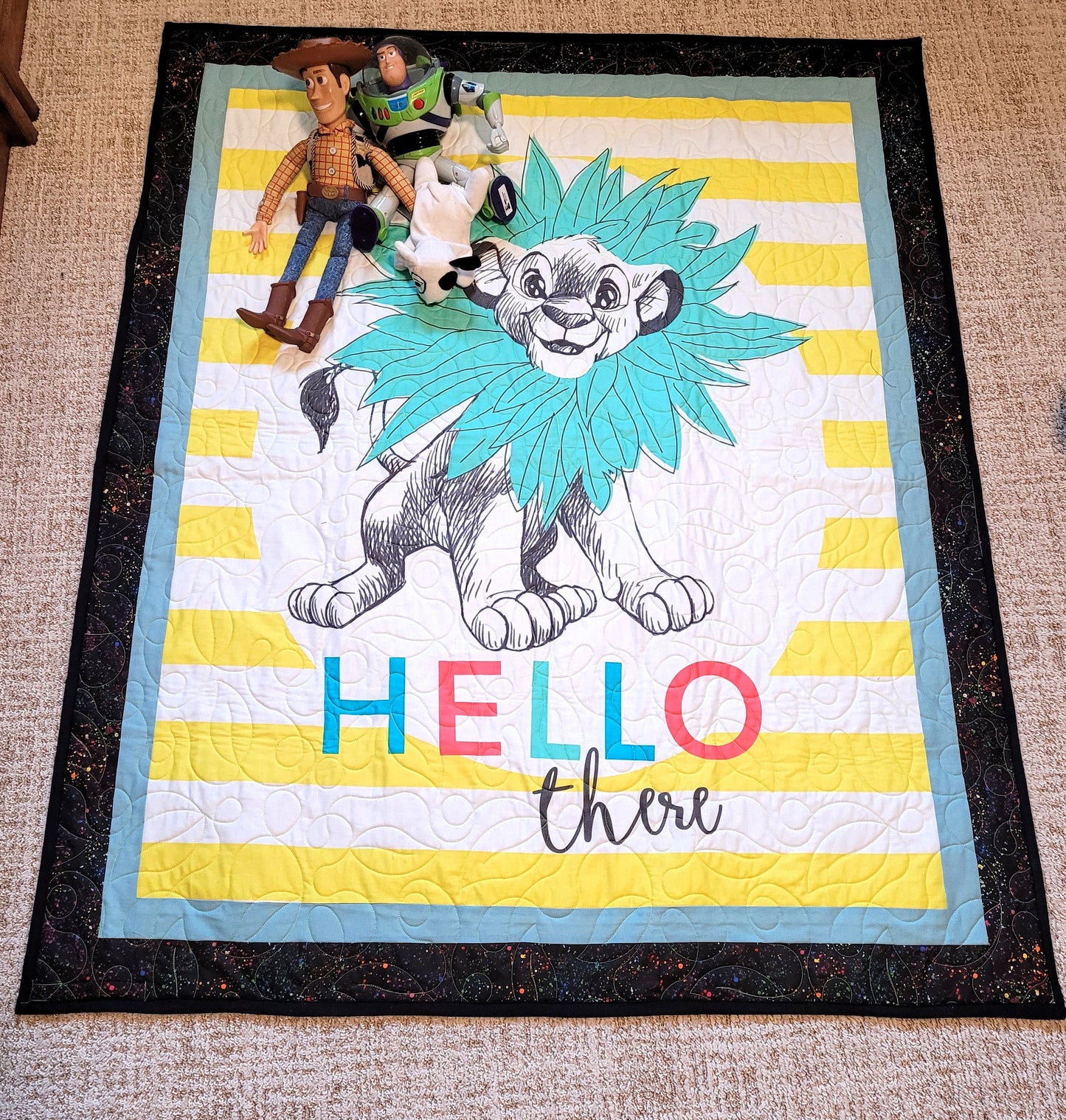 Simba Toddler Quilt or Playmat - The Lion King "Hello There" Jungle Animals Greens and Yellows approx 43 x 51 inches