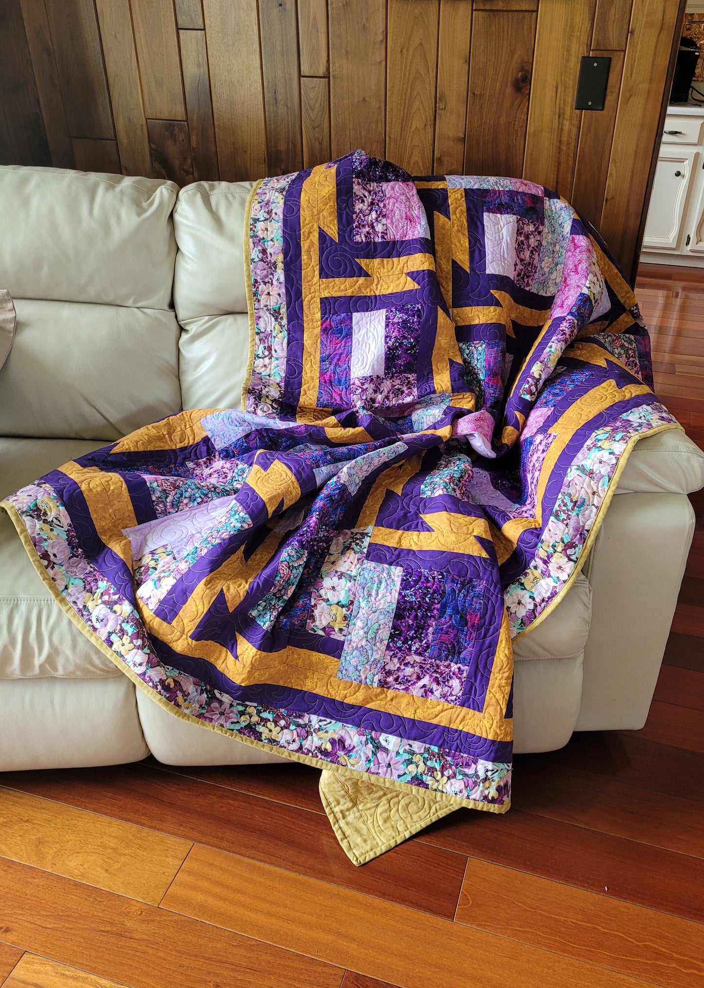 Sold Out Large Contemporary Gold and Purple Geometric Arrow design Quilt, Wall Hanging, approx 70 x 84 inches