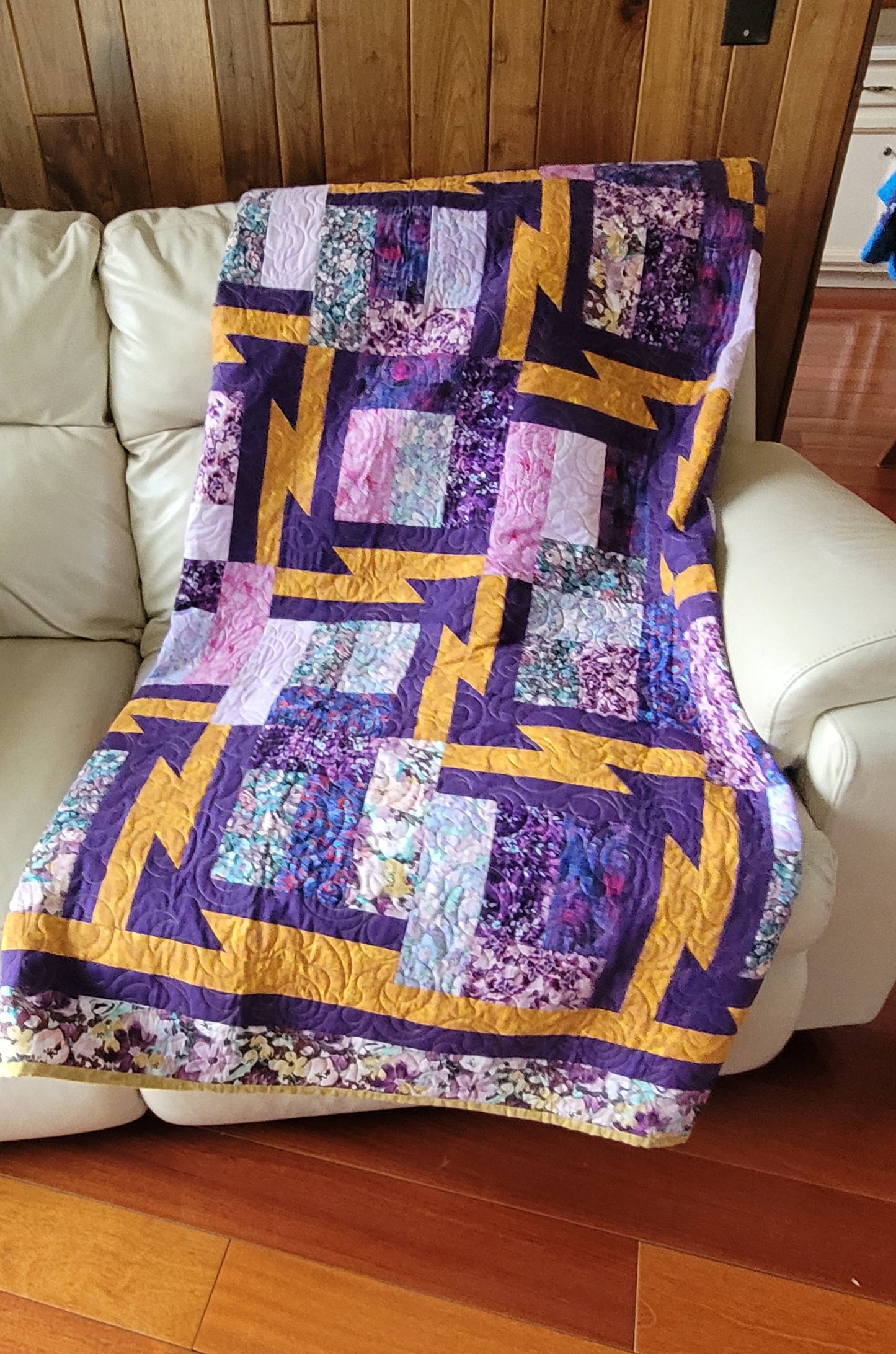 Sold Out Large Contemporary Gold and Purple Geometric Arrow design Quilt, Wall Hanging, approx 70 x 84 inches