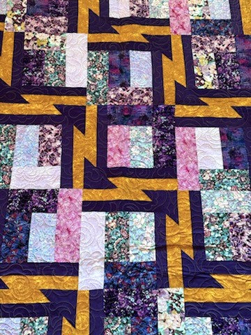 Sold Out Large Contemporary Gold and Purple Geometric Arrow design Quilt, Wall Hanging, approx 70 x 84 inches