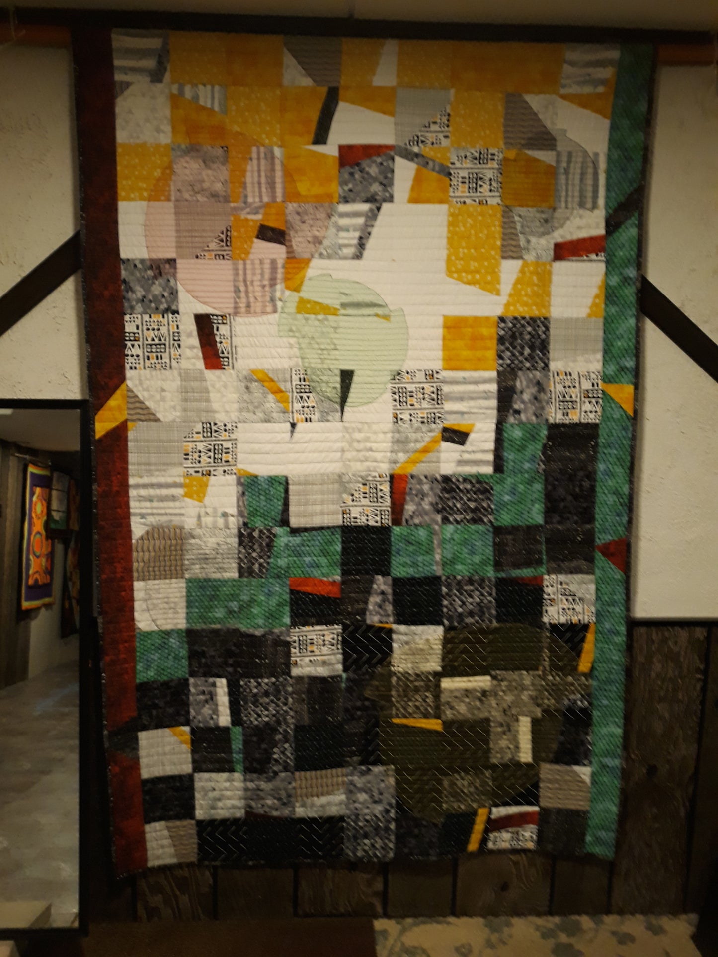 Fractured Squares and Circles Quilt Wall Hanging, approx 50 x 80 inches, yellows, greens, blacks, whites, reds