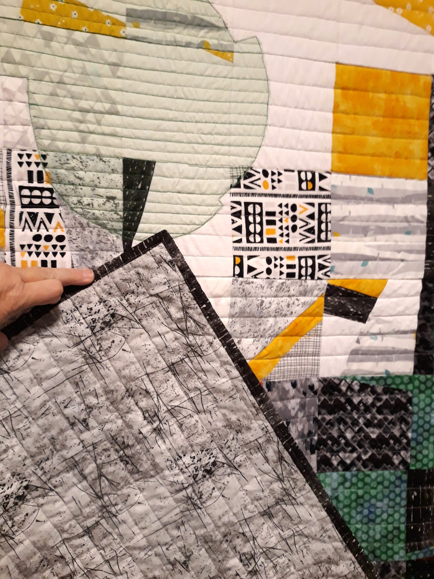 Fractured Squares and Circles Quilt Wall Hanging, approx 50 x 80 inches, yellows, greens, blacks, whites, reds