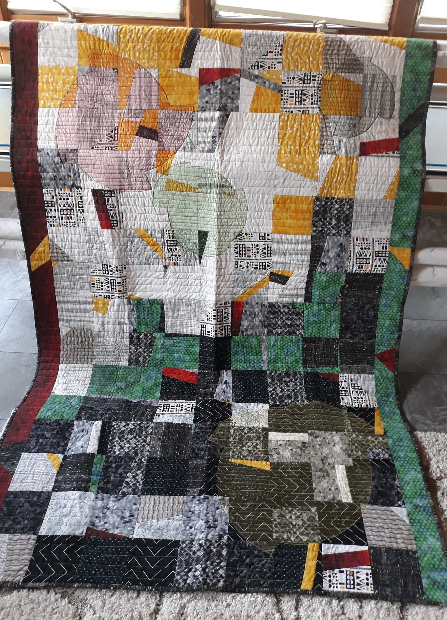 Fractured Squares and Circles Quilt Wall Hanging, approx 50 x 80 inches, yellows, greens, blacks, whites, reds