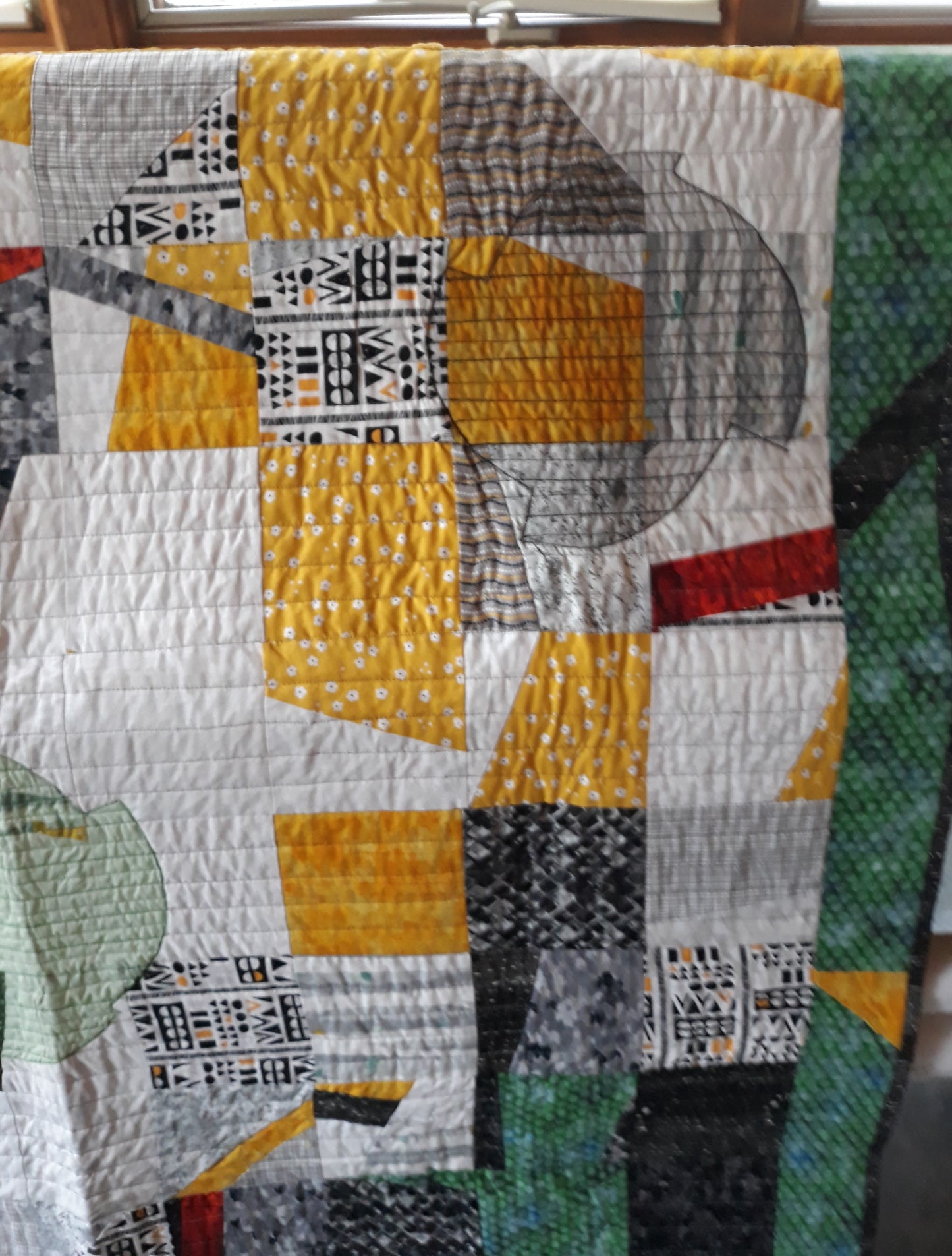 Fractured Squares and Circles Quilt Wall Hanging, approx 50 x 80 inches, yellows, greens, blacks, whites, reds