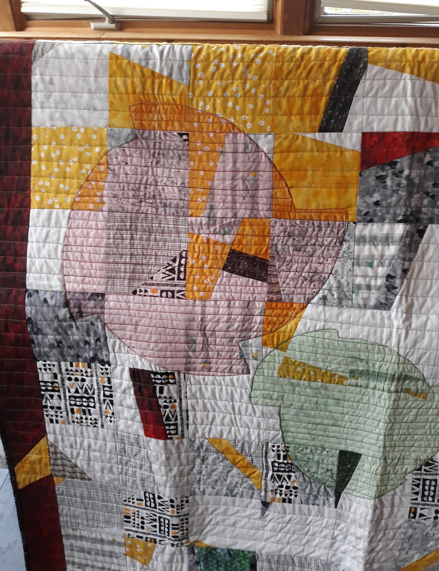 Fractured Squares and Circles Quilt Wall Hanging, approx 50 x 80 inches, yellows, greens, blacks, whites, reds