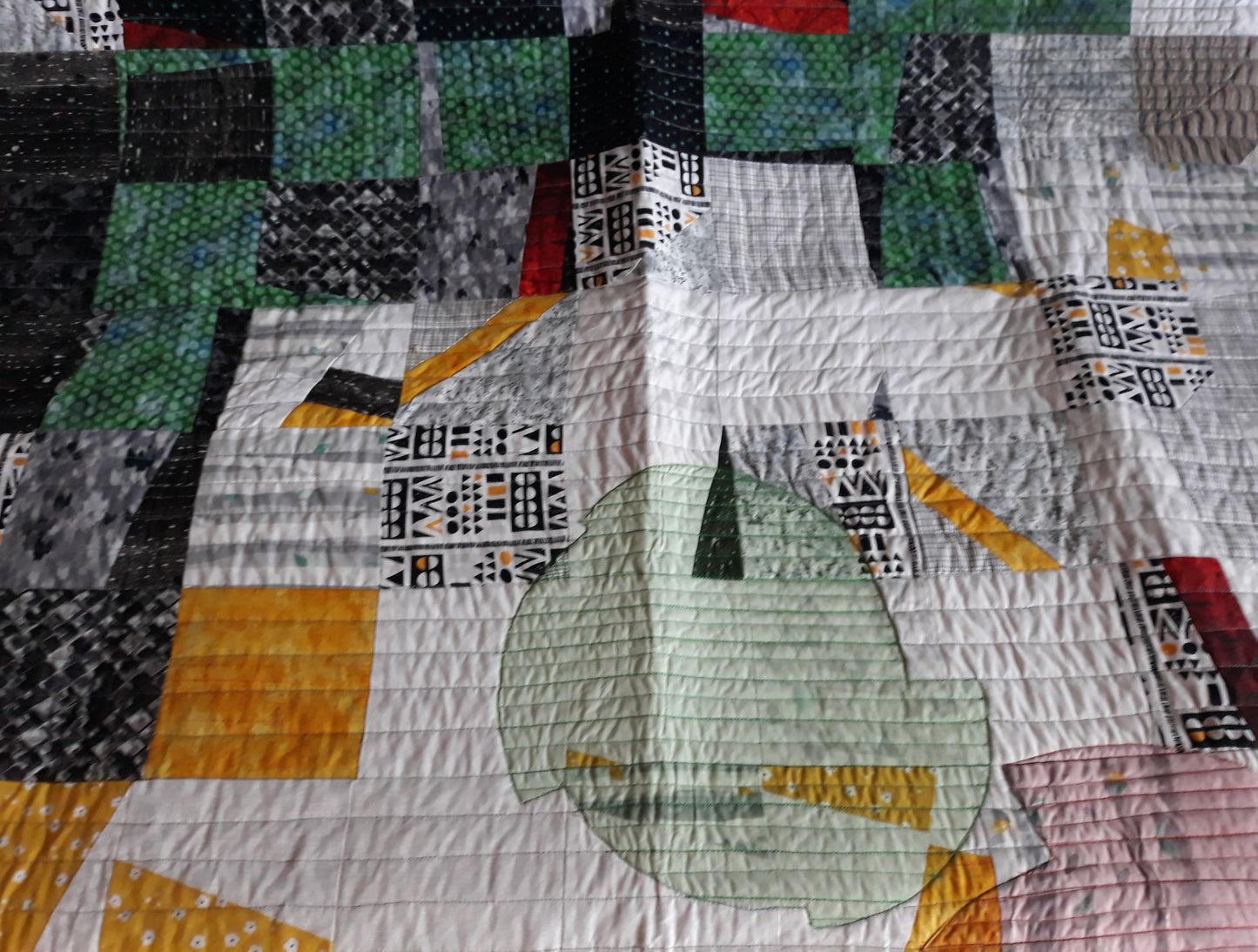 Fractured Squares and Circles Quilt Wall Hanging, approx 50 x 80 inches, yellows, greens, blacks, whites, reds