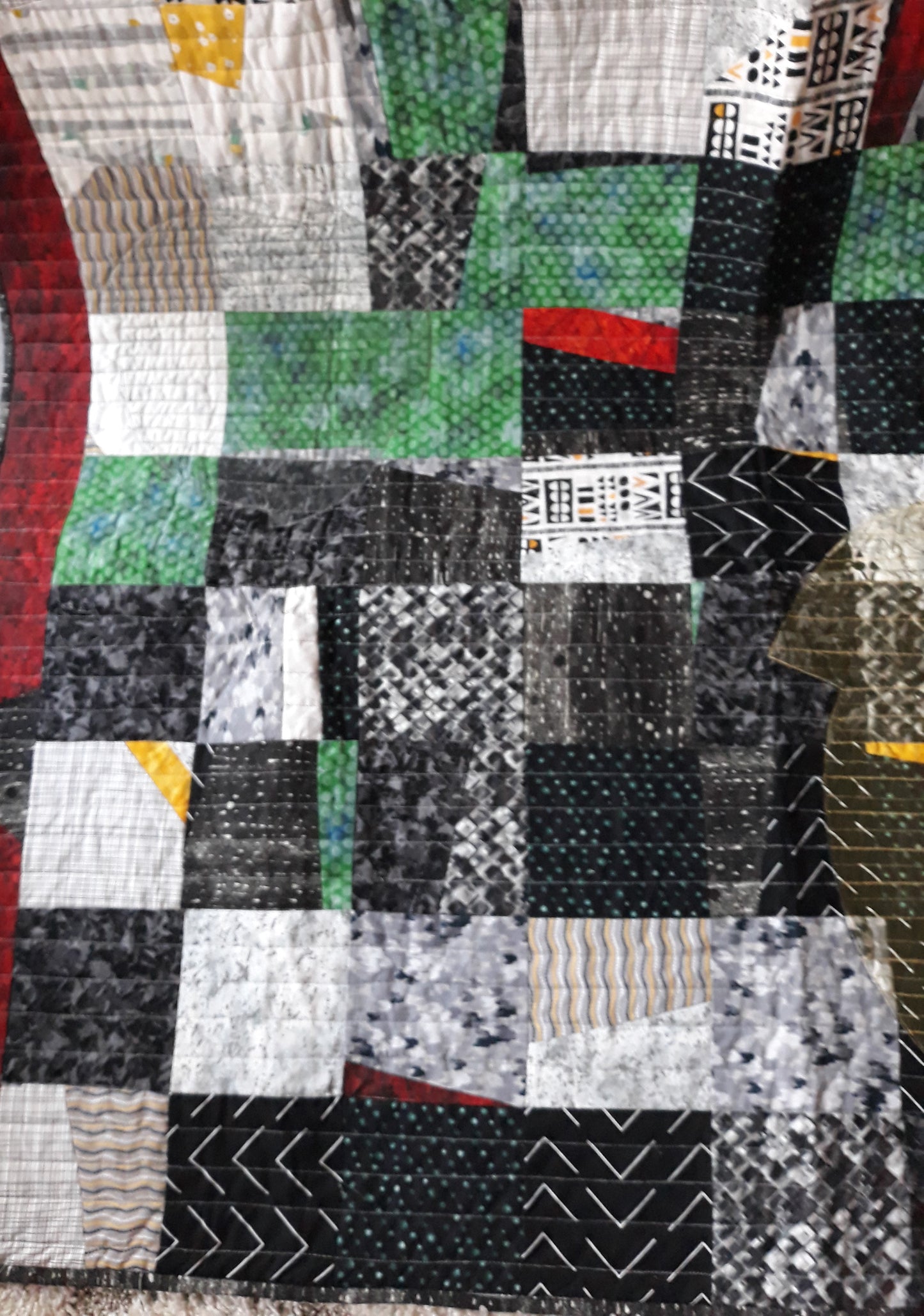 Fractured Squares and Circles Quilt Wall Hanging, approx 50 x 80 inches, yellows, greens, blacks, whites, reds