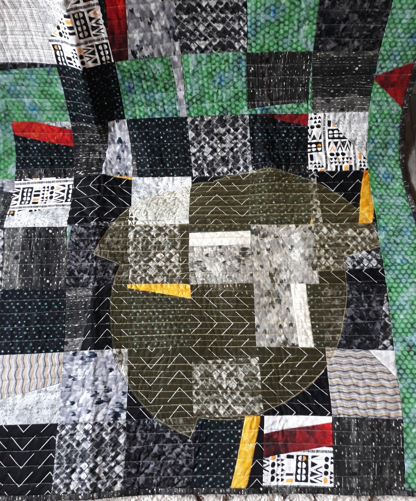 Fractured Squares and Circles Quilt Wall Hanging, approx 50 x 80 inches, yellows, greens, blacks, whites, reds