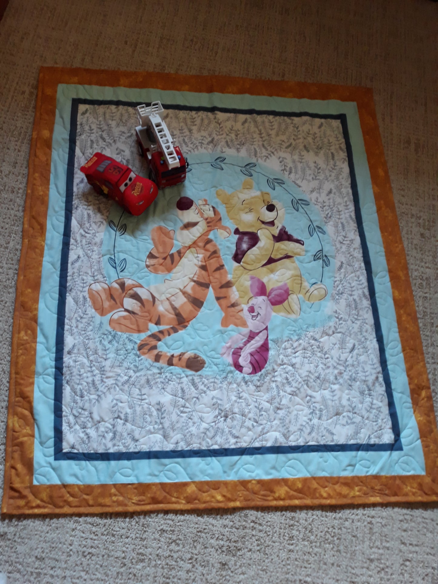 Pooh - WINNIE the POOH and TIGGER Too! Panel Quilt Blanket Playmat baby toddler - w/ Piglet - Large size 40 x 46 inches - Shower Gift - Gold Aqua