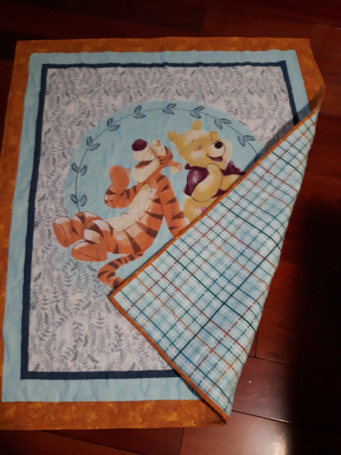 Pooh - WINNIE the POOH and TIGGER Too! Panel Quilt Blanket Playmat baby toddler - w/ Piglet - Large size 40 x 46 inches - Shower Gift - Gold Aqua