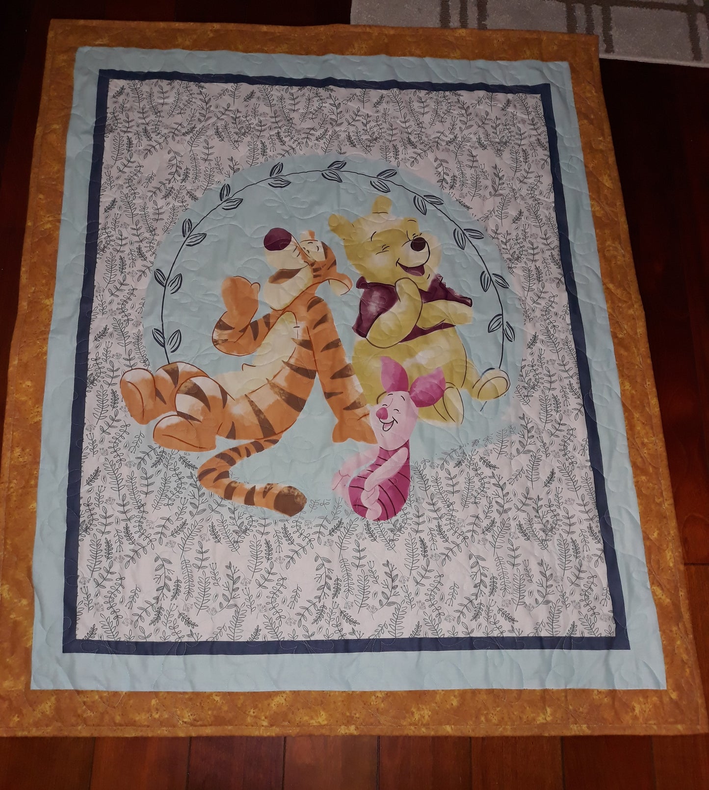 Pooh - WINNIE the POOH and TIGGER Too! Panel Quilt Blanket Playmat baby toddler - w/ Piglet - Large size 40 x 46 inches - Shower Gift - Gold Aqua