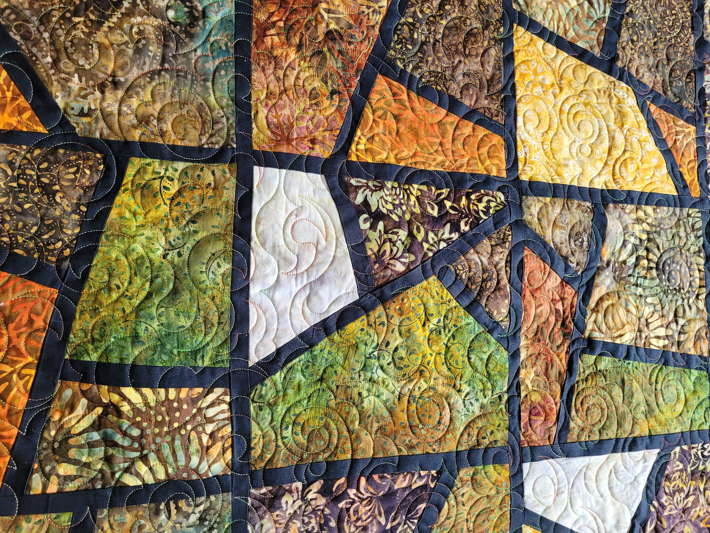Batik Mosaic Quilt Throw Wall Hanging - Browns, Golds, Greens, Earth tones approx 52 x 74 inches handmade machine quilted edge to edge