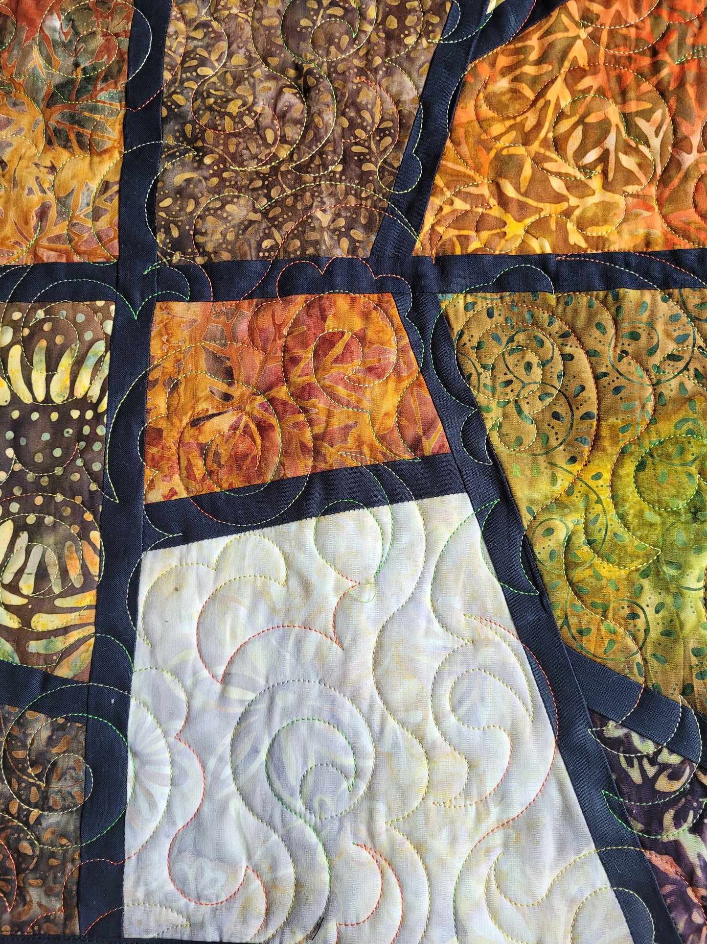 Batik Mosaic Quilt Throw Wall Hanging - Browns, Golds, Greens, Earth tones approx 52 x 74 inches handmade machine quilted edge to edge