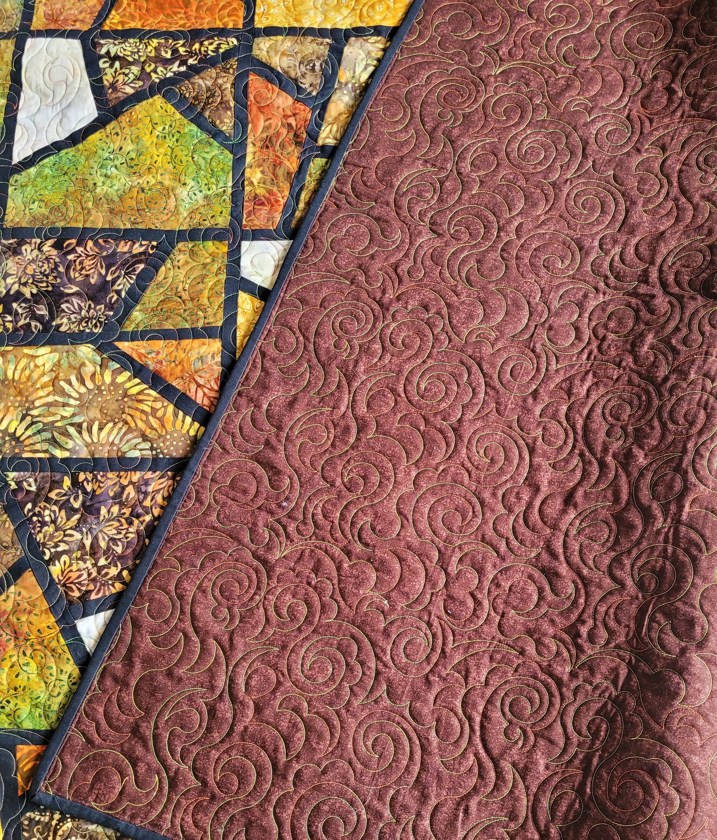 Batik Mosaic Quilt Throw Wall Hanging - Browns, Golds, Greens, Earth tones approx 52 x 74 inches handmade machine quilted edge to edge