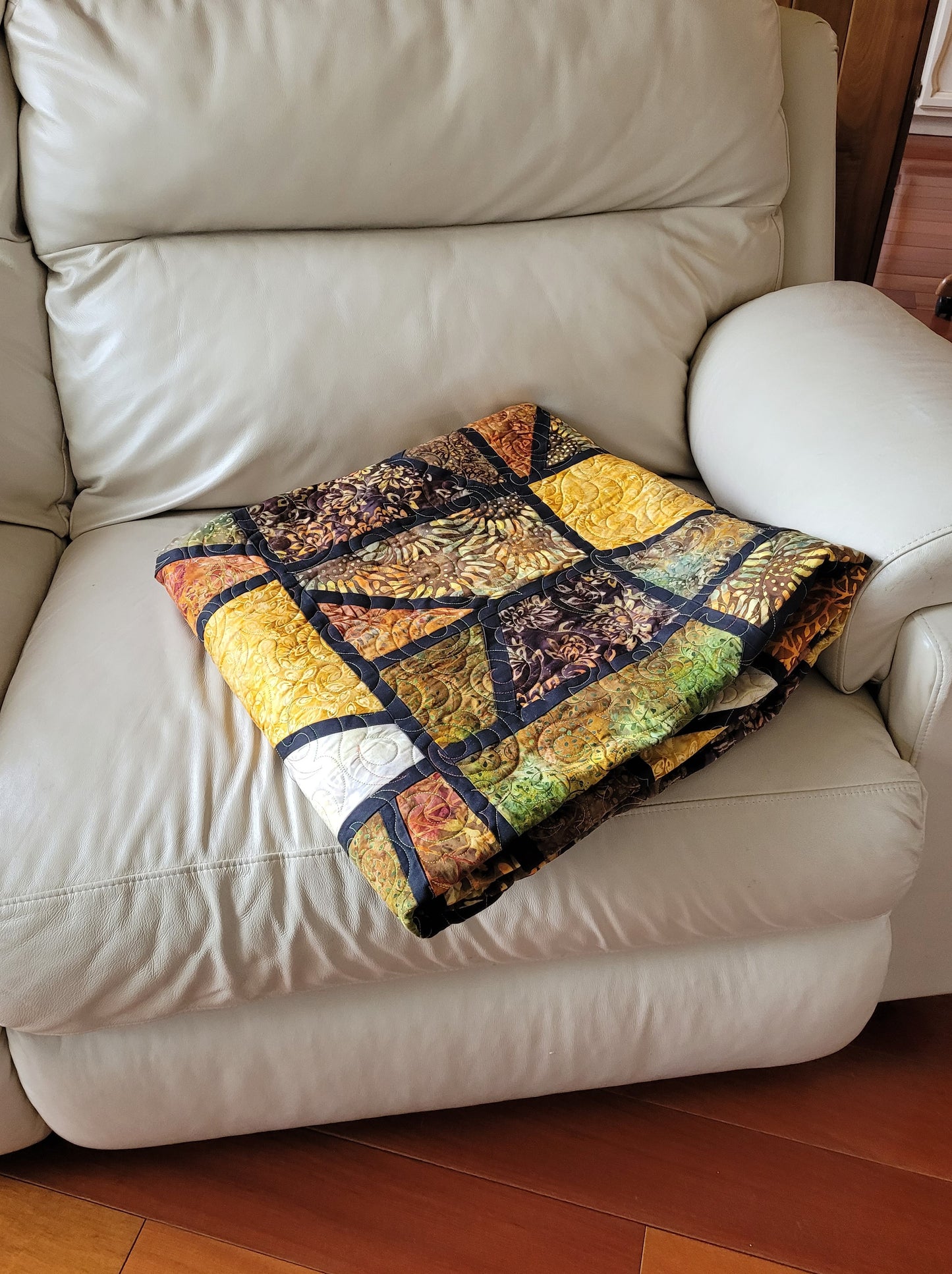 Batik Mosaic Quilt Throw Wall Hanging - Browns, Golds, Greens, Earth tones approx 52 x 74 inches handmade machine quilted edge to edge