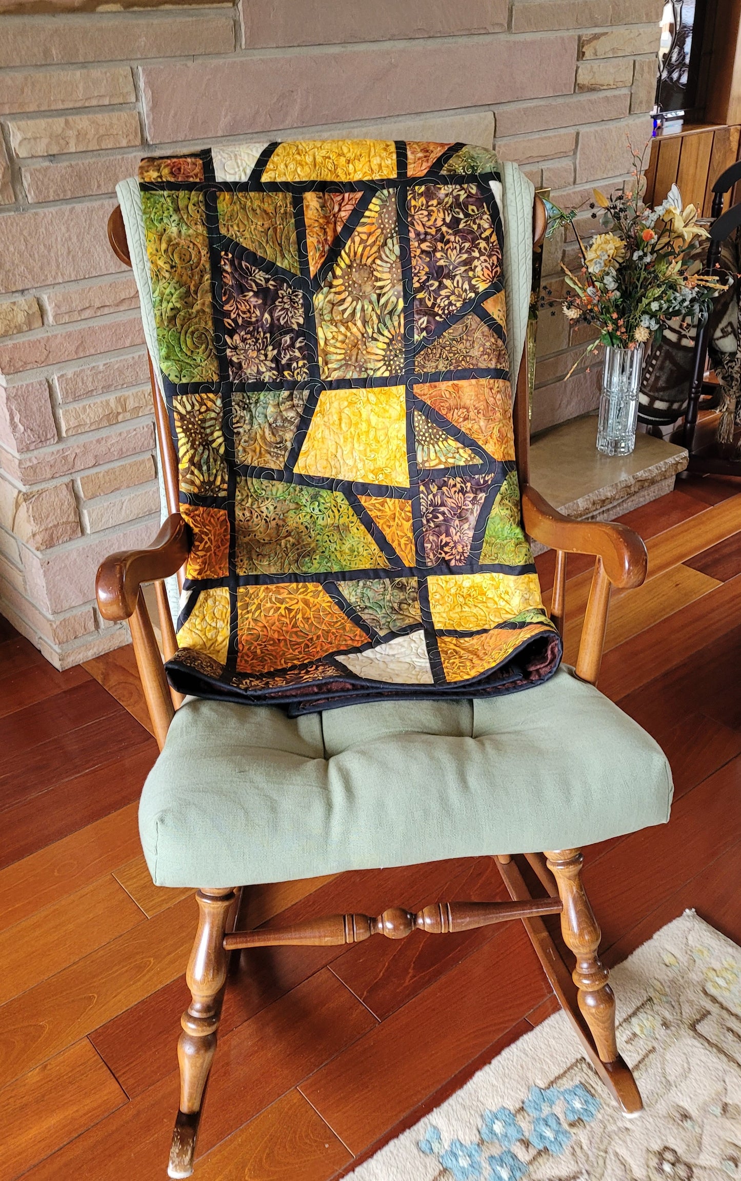 Batik Mosaic Quilt Throw Wall Hanging - Browns, Golds, Greens, Earth tones approx 52 x 74 inches handmade machine quilted edge to edge