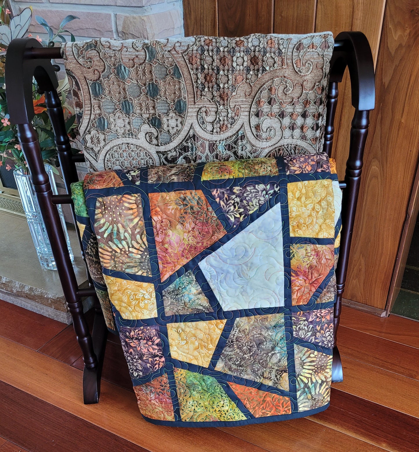 Batik Mosaic Quilt Throw Wall Hanging - Browns, Golds, Greens, Earth tones approx 52 x 74 inches handmade machine quilted edge to edge