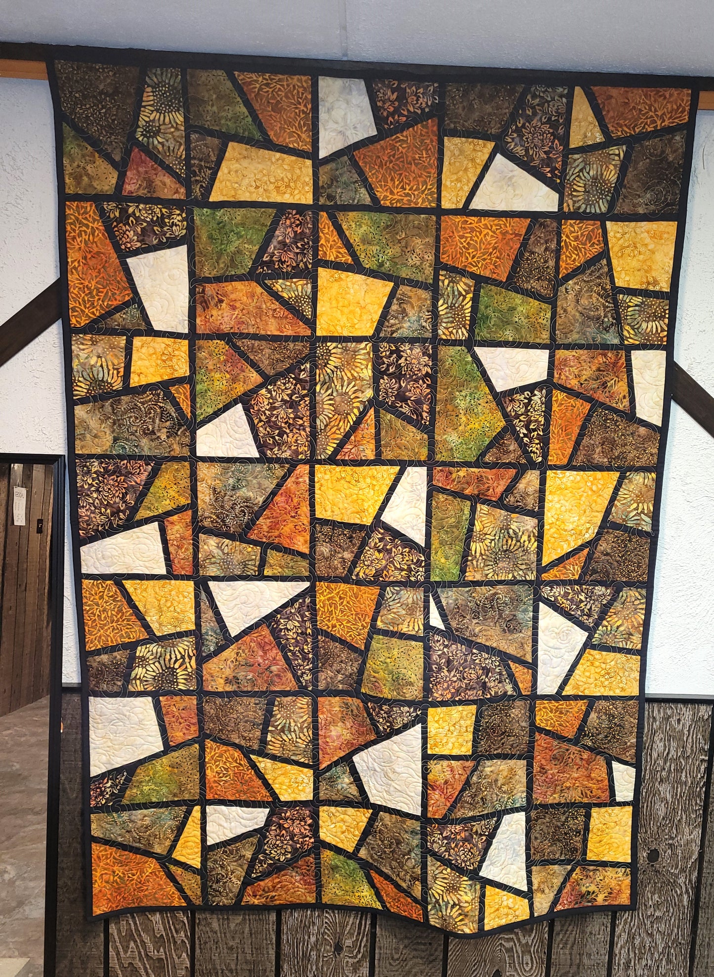 Batik Mosaic Quilt Throw Wall Hanging - Browns, Golds, Greens, Earth tones approx 52 x 74 inches handmade machine quilted edge to edge