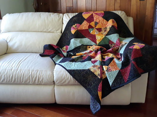 Contemporary Geometric / Floral Quilt, Wall Hanging,  Abstract and Modern Flowers and Leaves bound by a floating rectangle,  54 x 62 inches