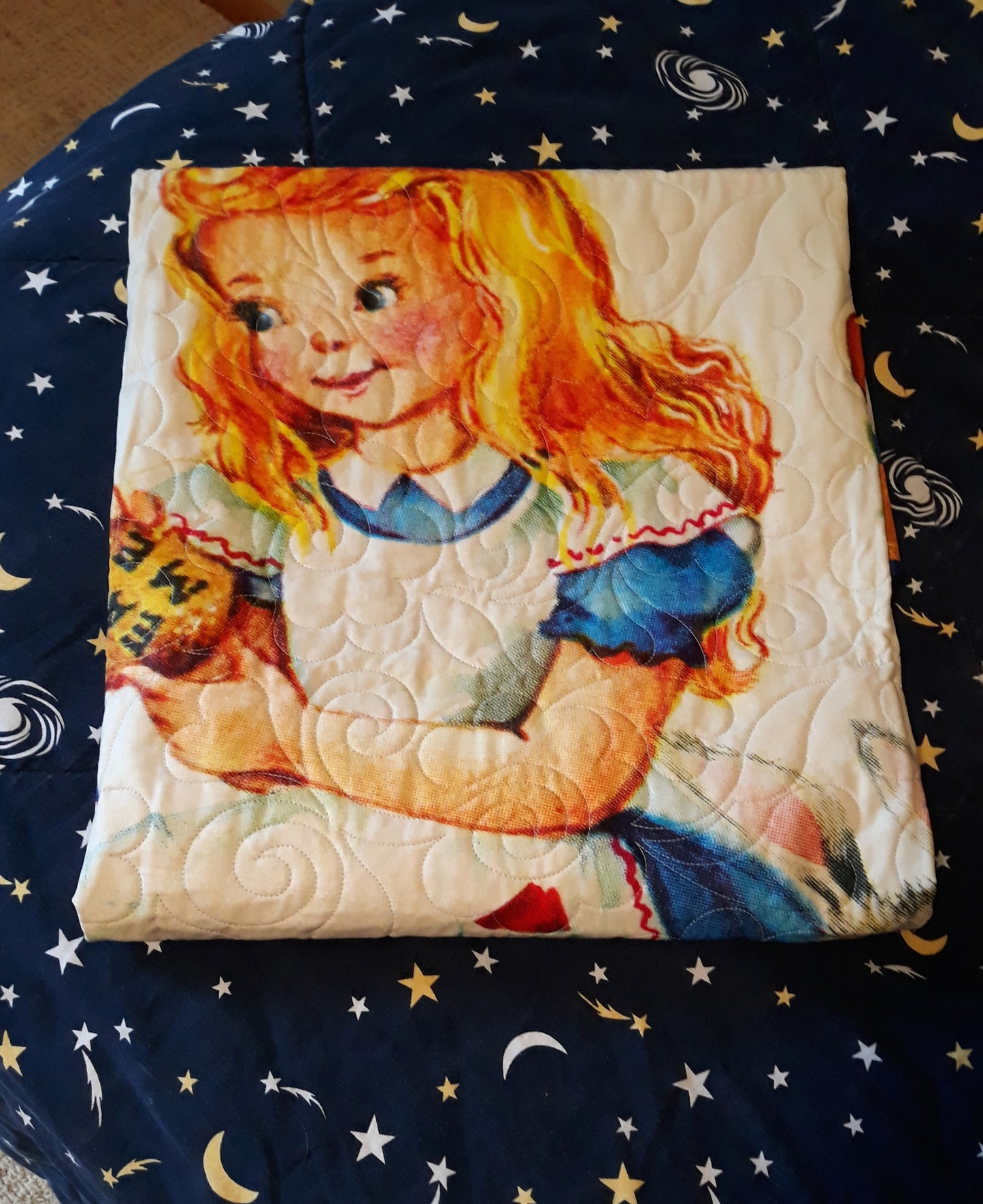 Sold Out Retro Golden Book Alice in Wonderland Quilt Wall Hanging, Playmat Baby / Toddler Size 41 x 49 inches blue, gold w Floral Swirl Quilt Pattern