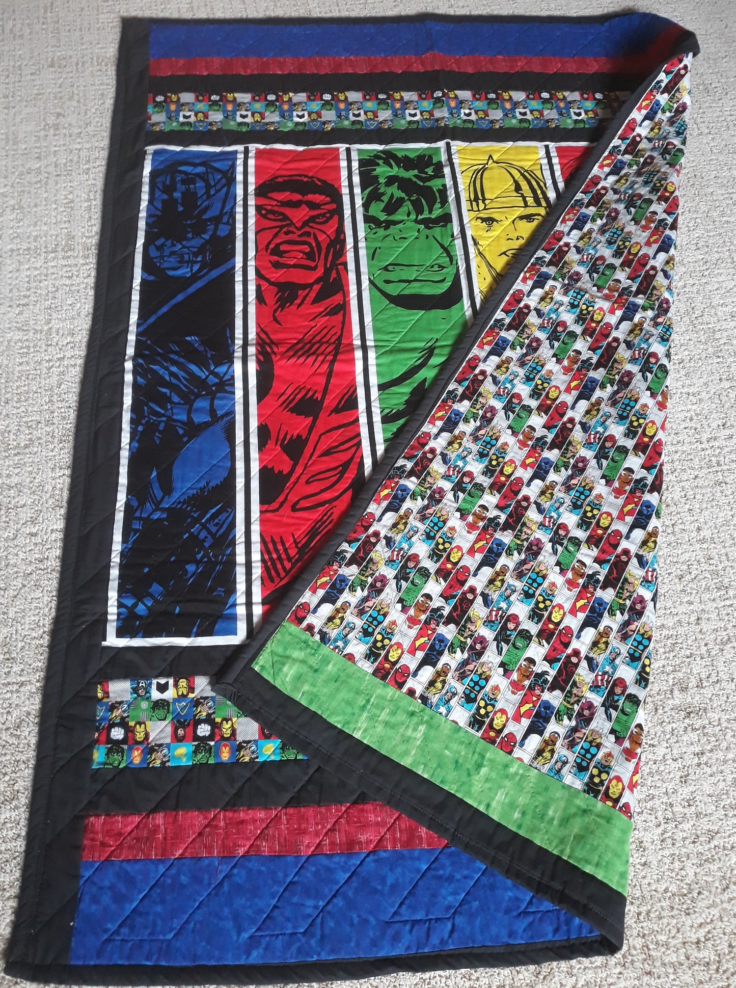 Sold Out Marvel Superheros Retro Comic Panel Quilt - throw or wall hanging 44 x 60 inch with the Hulk, Thor, Falcon, Ironman, Captain America, and Hawkeye