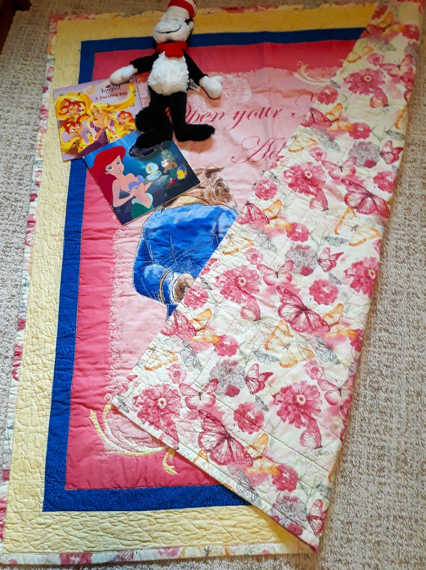Beauty and the Beast Belle Panel Quilt / Blanket / Playmat - For Baby or Toddler - Large size 44 x 50 inches - Baby Shower Gift Yellows Blues Pink