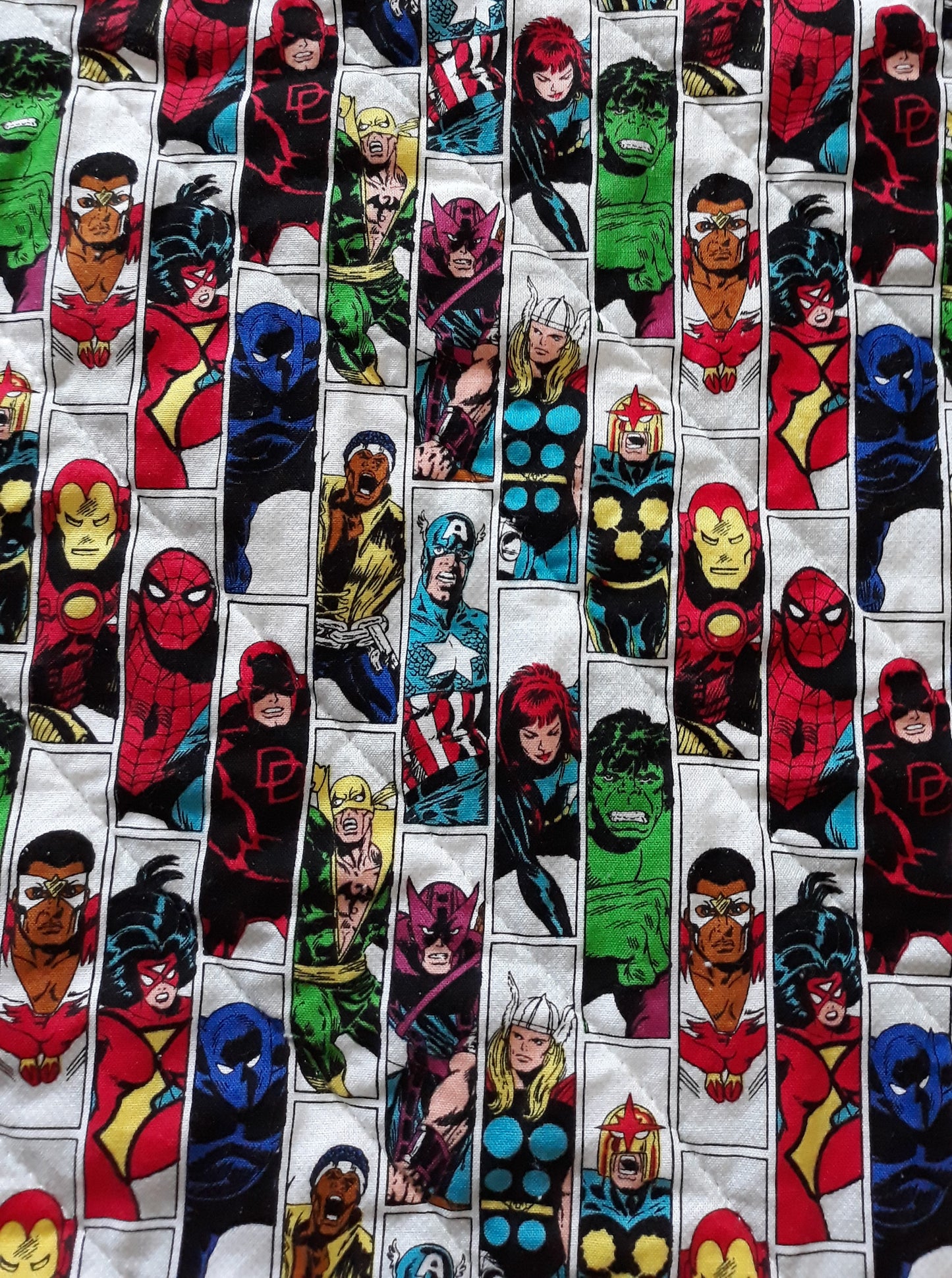 Sold Out Marvel Superheros Retro Comic Panel Quilt - throw or wall hanging 44 x 60 inch with the Hulk, Thor, Falcon, Ironman, Captain America, and Hawkeye