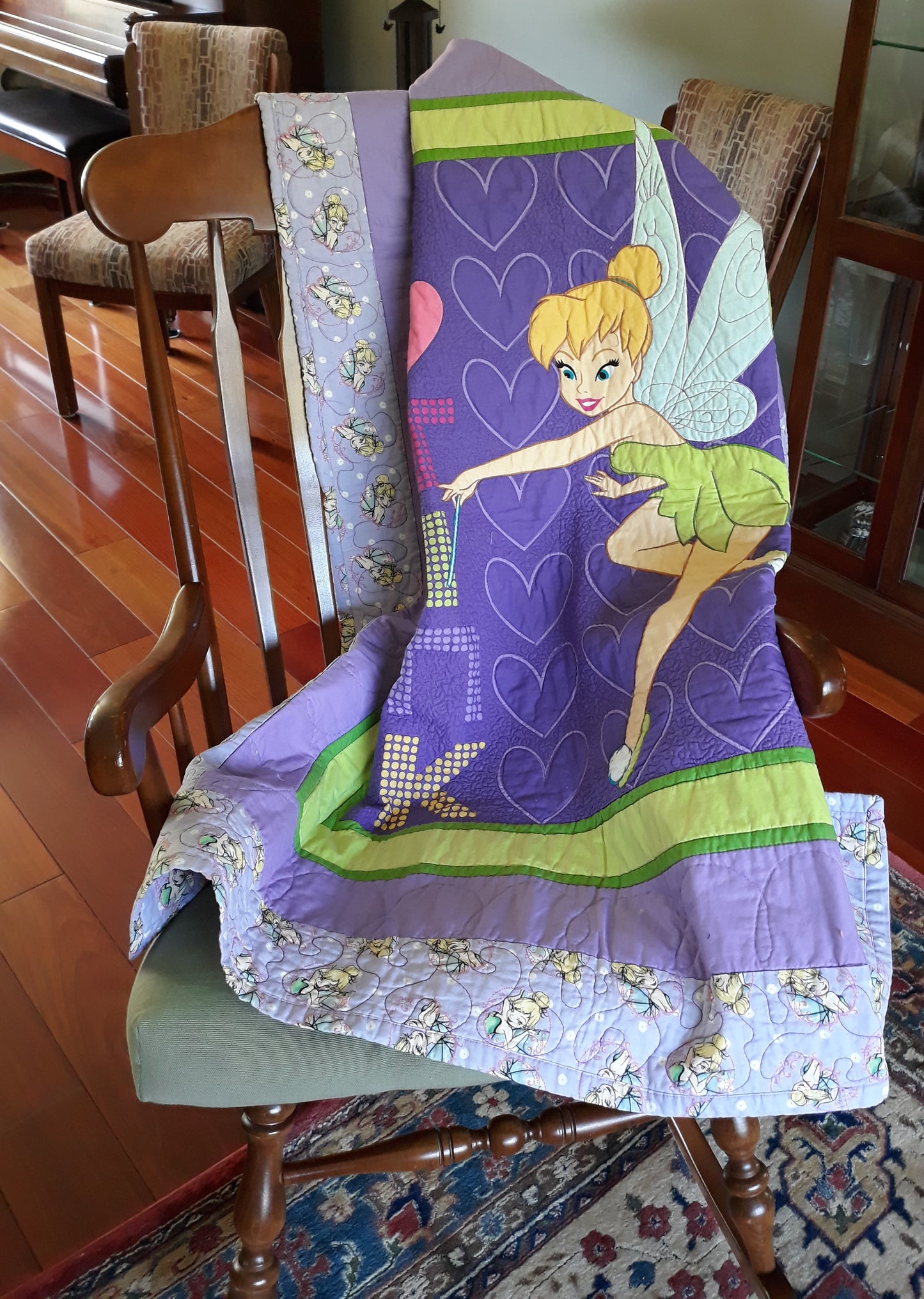 Sold Out I Love Tink Panel - Fairy Tinker Bell - Baby Toddler Soft Quilt Blanket larger 42 x 47 inches size, Bold colors, purples and greens