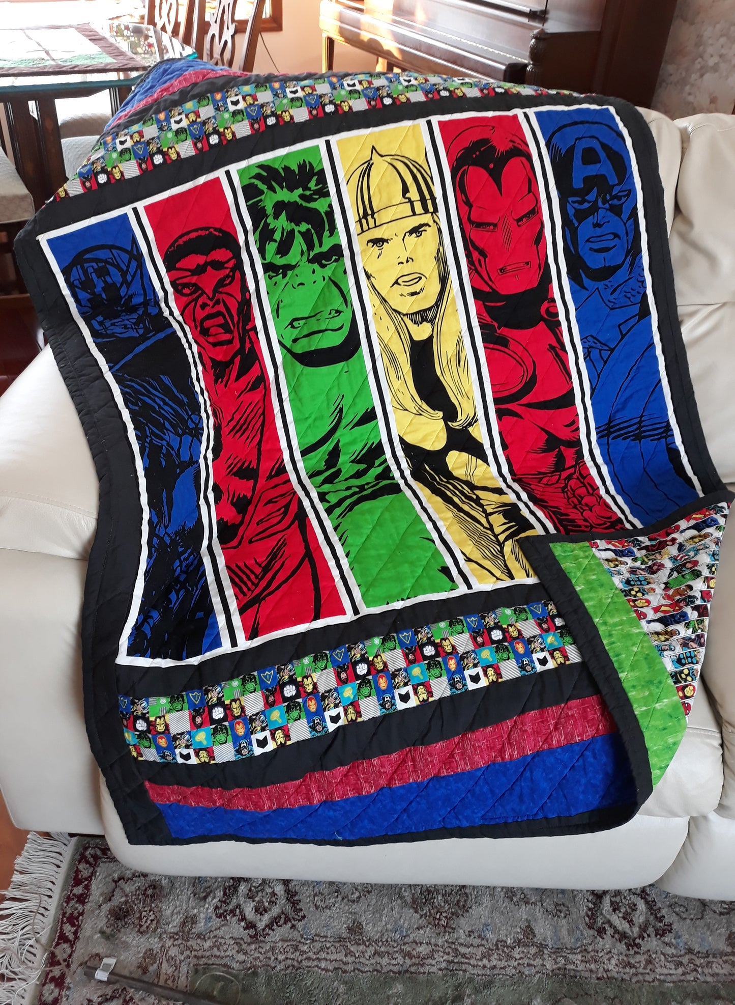 Sold Out Marvel Superheros Retro Comic Panel Quilt - throw or wall hanging 44 x 60 inch with the Hulk, Thor, Falcon, Ironman, Captain America, and Hawkeye