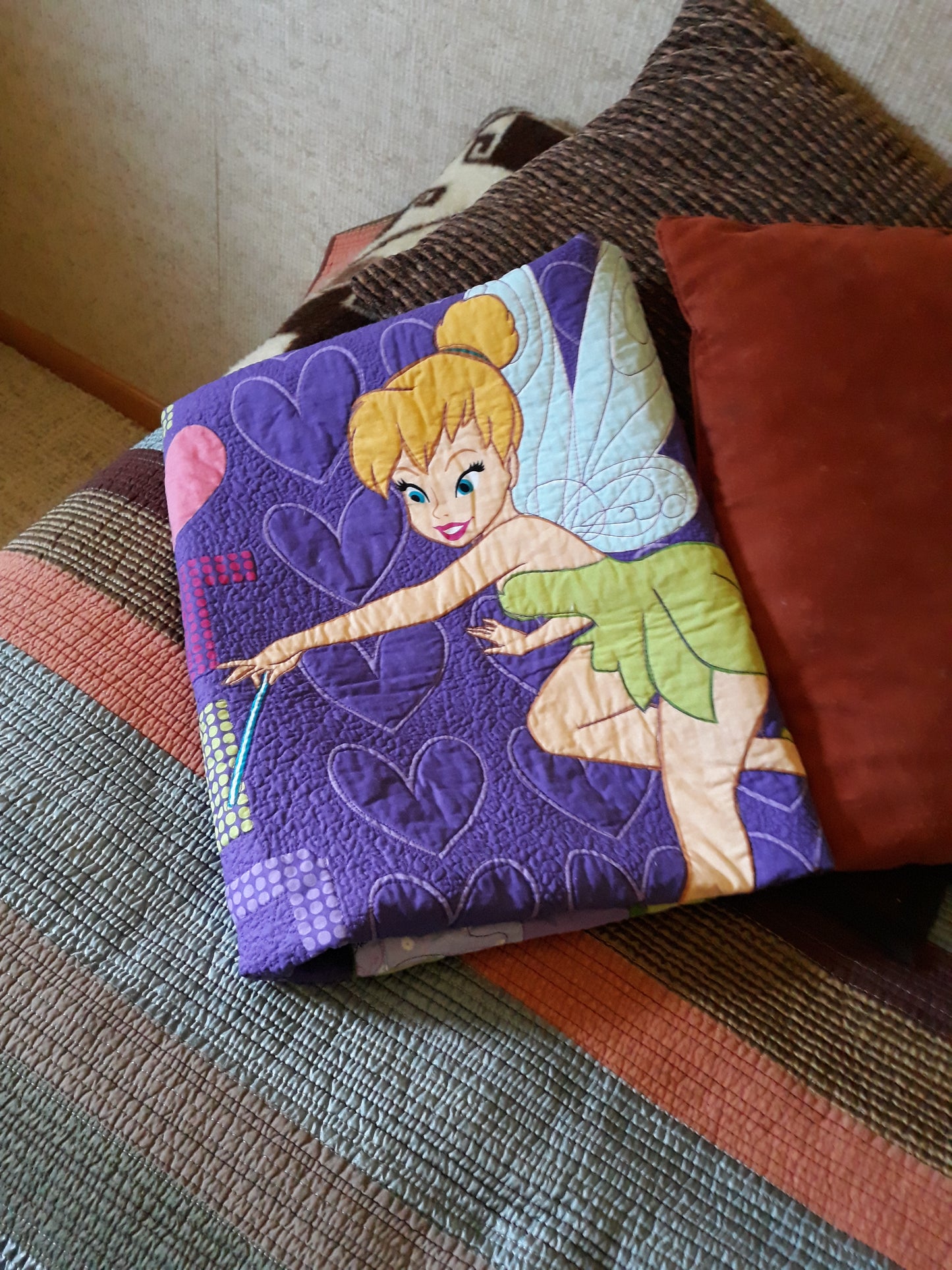 Sold Out I Love Tink Panel - Fairy Tinker Bell - Baby Toddler Soft Quilt Blanket larger 42 x 47 inches size, Bold colors, purples and greens