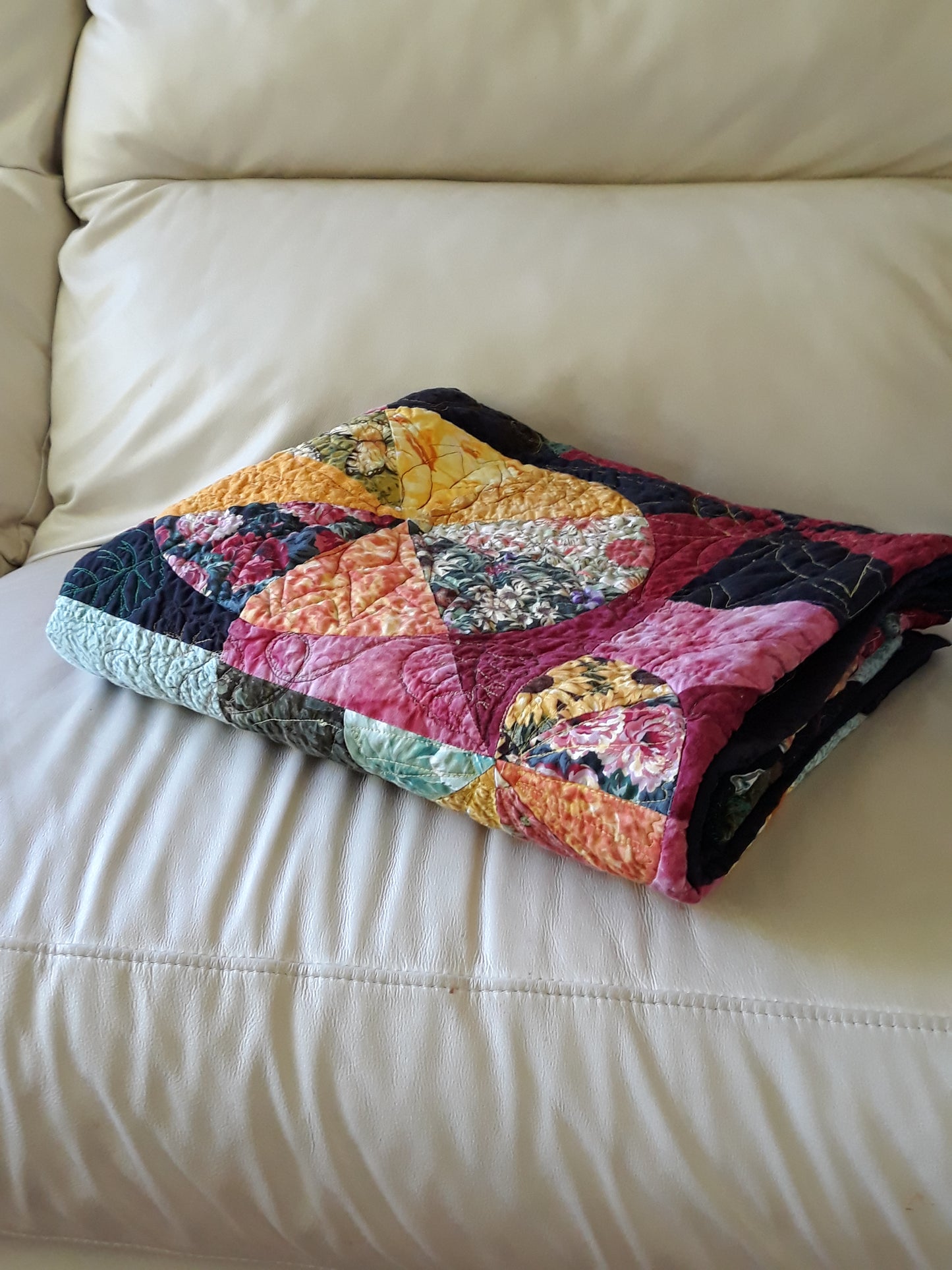 Contemporary Geometric / Floral Quilt, Wall Hanging,  Abstract and Modern Flowers and Leaves bound by a floating rectangle,  54 x 62 inches