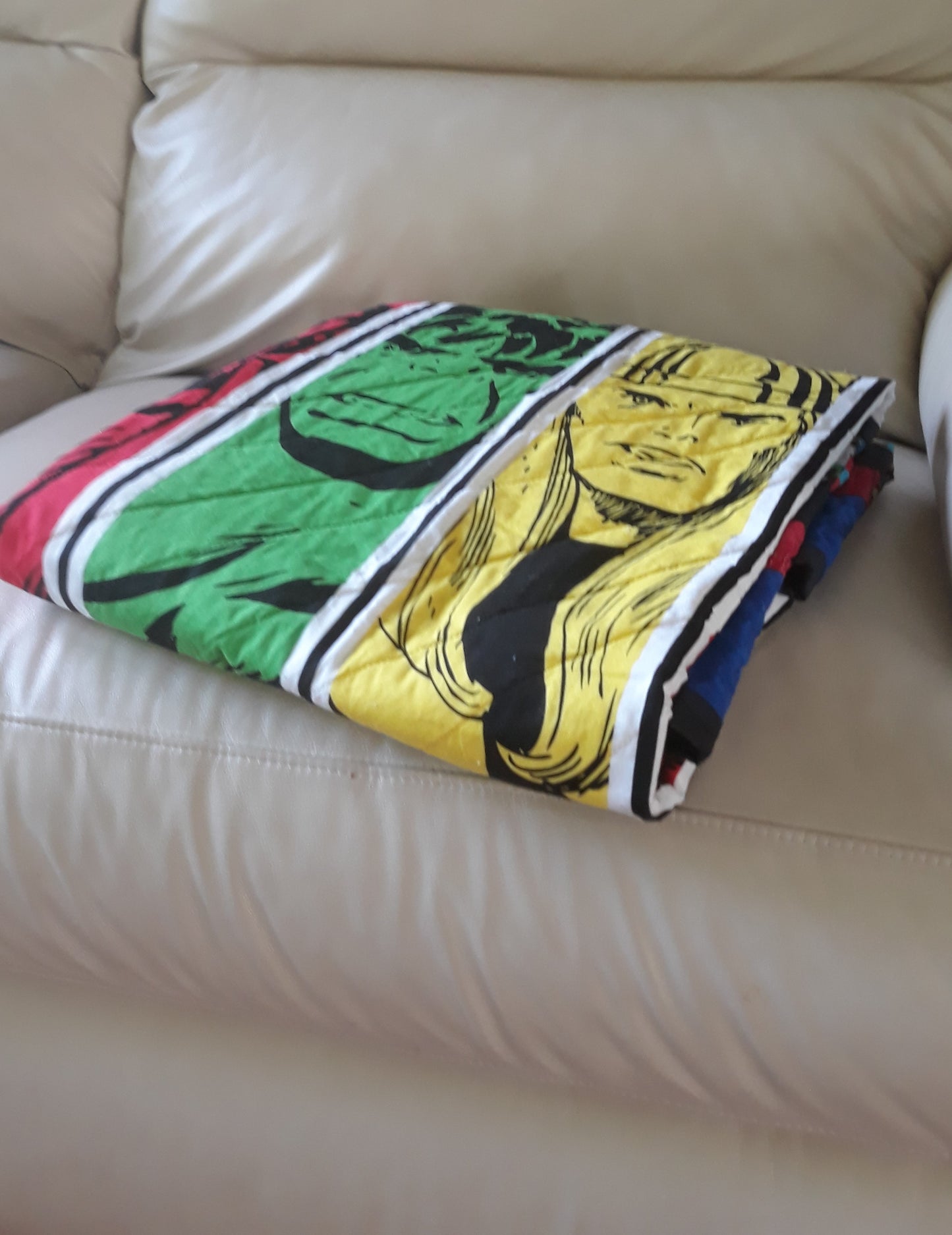 Sold Out Marvel Superheros Retro Comic Panel Quilt - throw or wall hanging 44 x 60 inch with the Hulk, Thor, Falcon, Ironman, Captain America, and Hawkeye