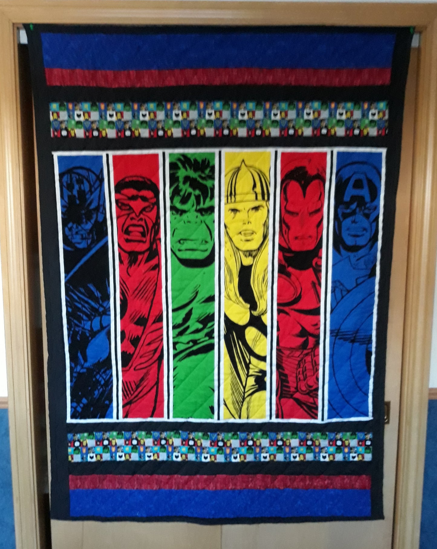 Sold Out Marvel Superheros Retro Comic Panel Quilt - throw or wall hanging 44 x 60 inch with the Hulk, Thor, Falcon, Ironman, Captain America, and Hawkeye