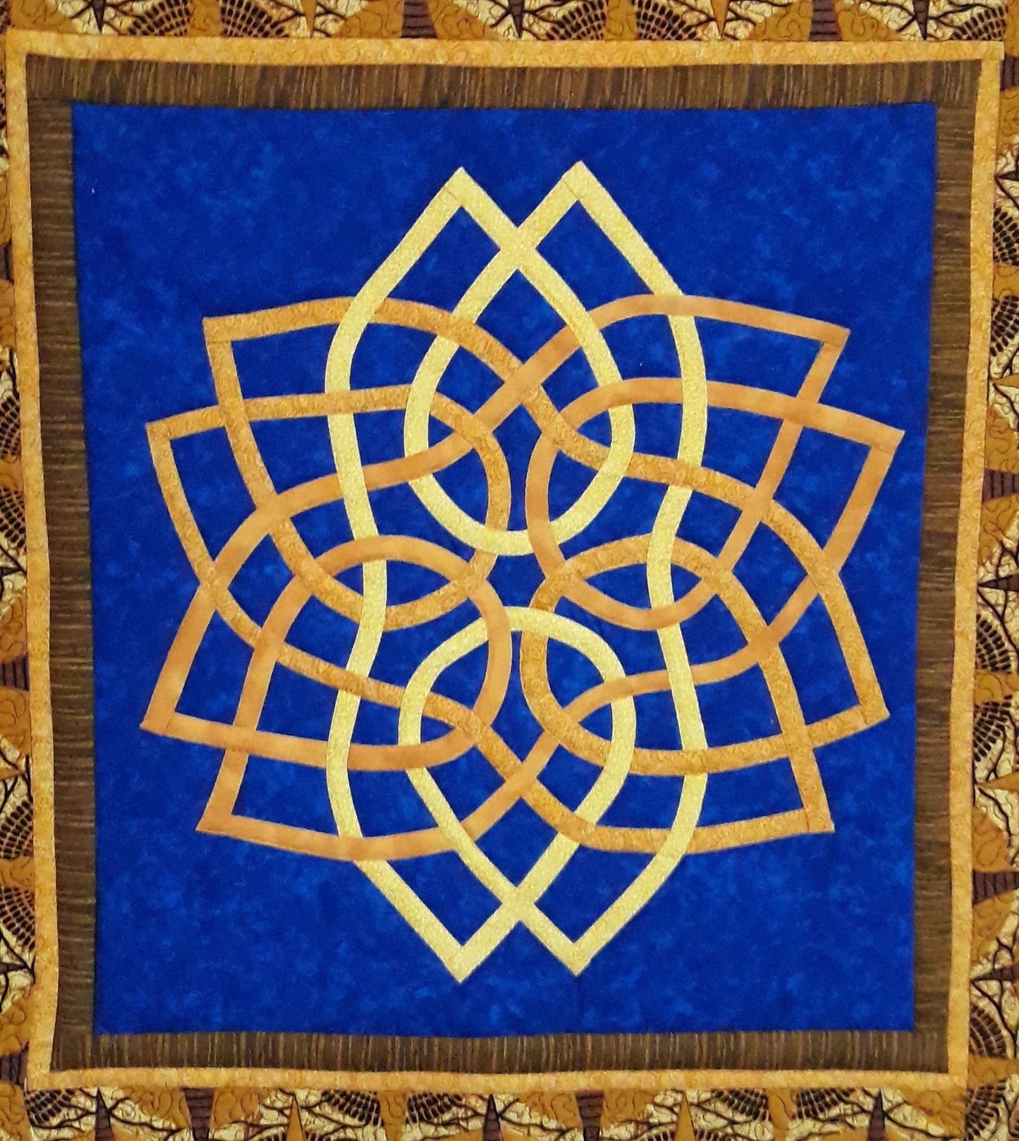 Interlacing Celtic Knot Quilt Wall Hanging, approx 30 x 30 inches, golds and royal blue
