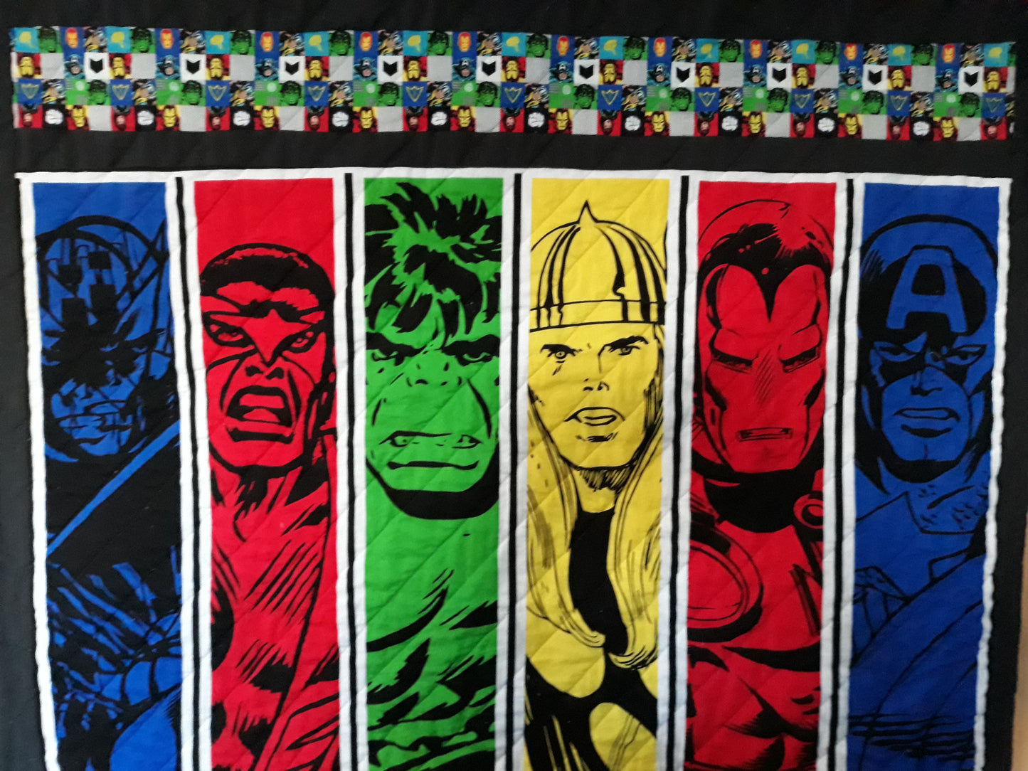 Sold Out Marvel Superheros Retro Comic Panel Quilt - throw or wall hanging 44 x 60 inch with the Hulk, Thor, Falcon, Ironman, Captain America, and Hawkeye