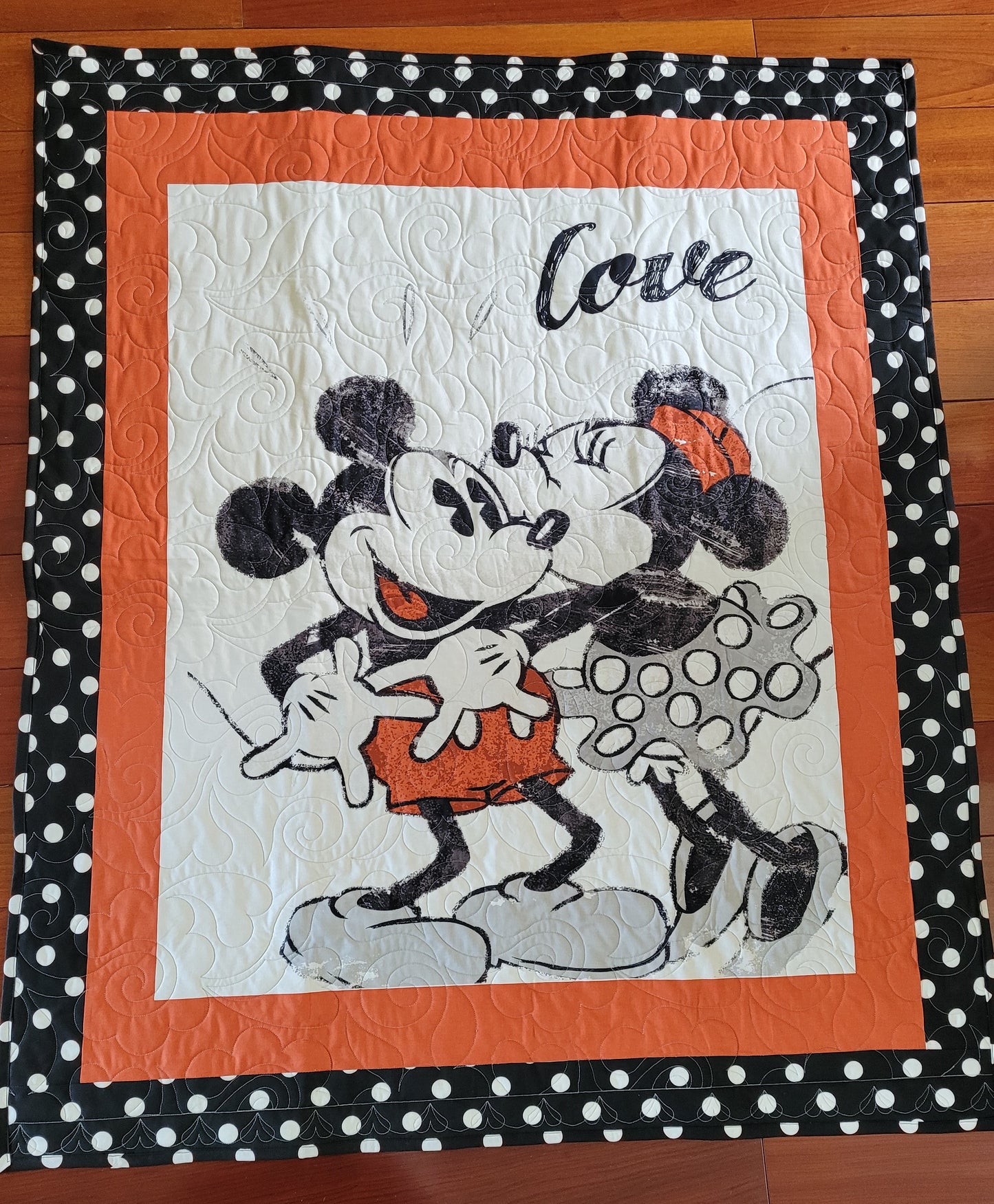 MIckey and Minnie Love Quilt Blanket Playmat for baby for toddler - Disney - approx 42 x 51 inches - Shower Gift - Bold Black White Orange