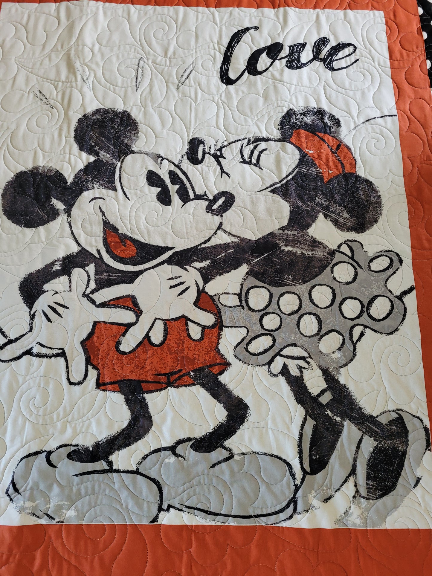 MIckey and Minnie Love Quilt Blanket Playmat for baby for toddler - Disney - approx 42 x 51 inches - Shower Gift - Bold Black White Orange