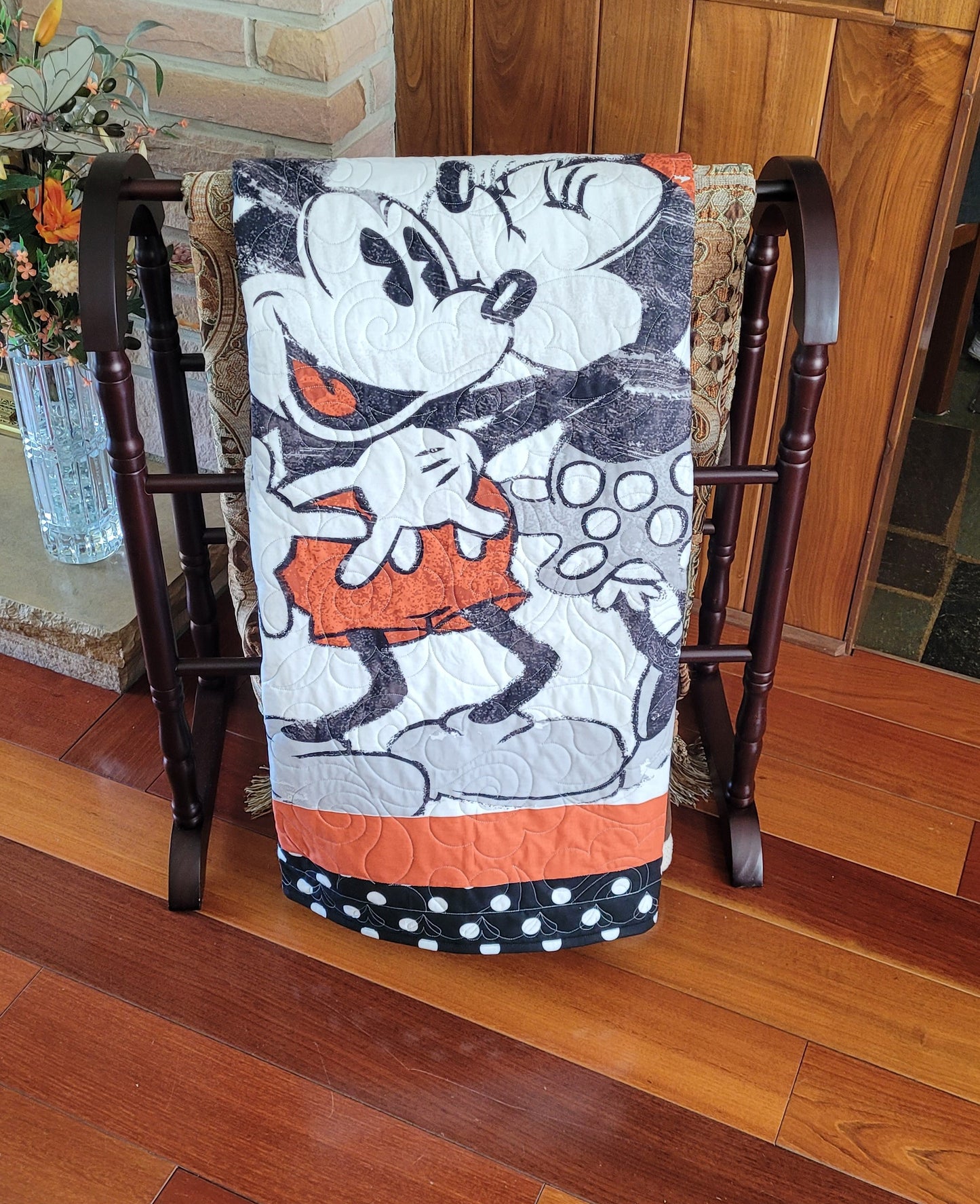 MIckey and Minnie Love Quilt Blanket Playmat for baby for toddler - Disney - approx 42 x 51 inches - Shower Gift - Bold Black White Orange