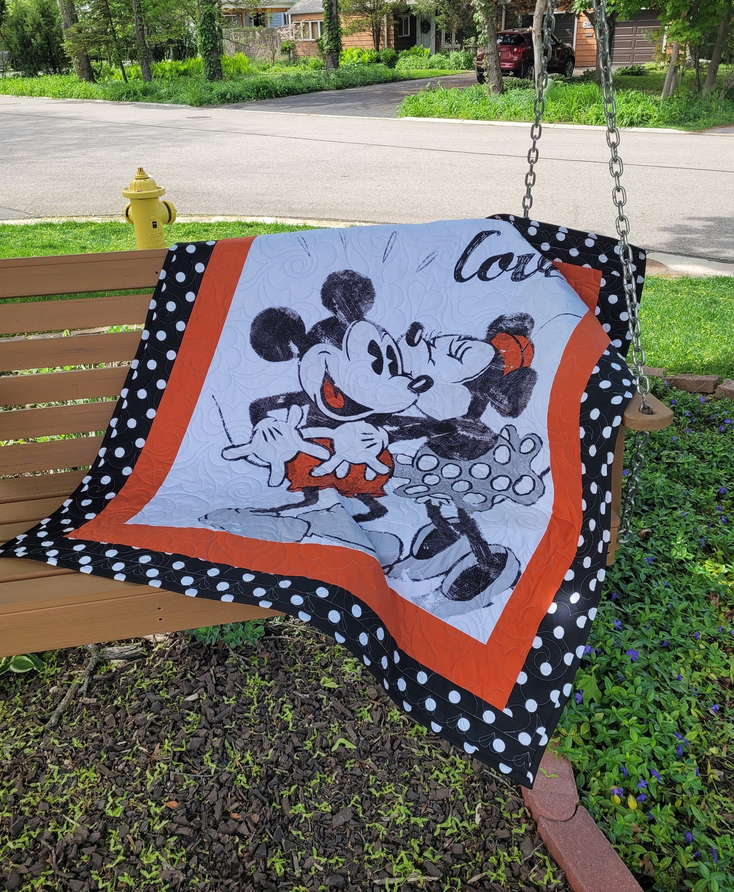 MIckey and Minnie Love Quilt Blanket Playmat for baby for toddler - Disney - approx 42 x 51 inches - Shower Gift - Bold Black White Orange