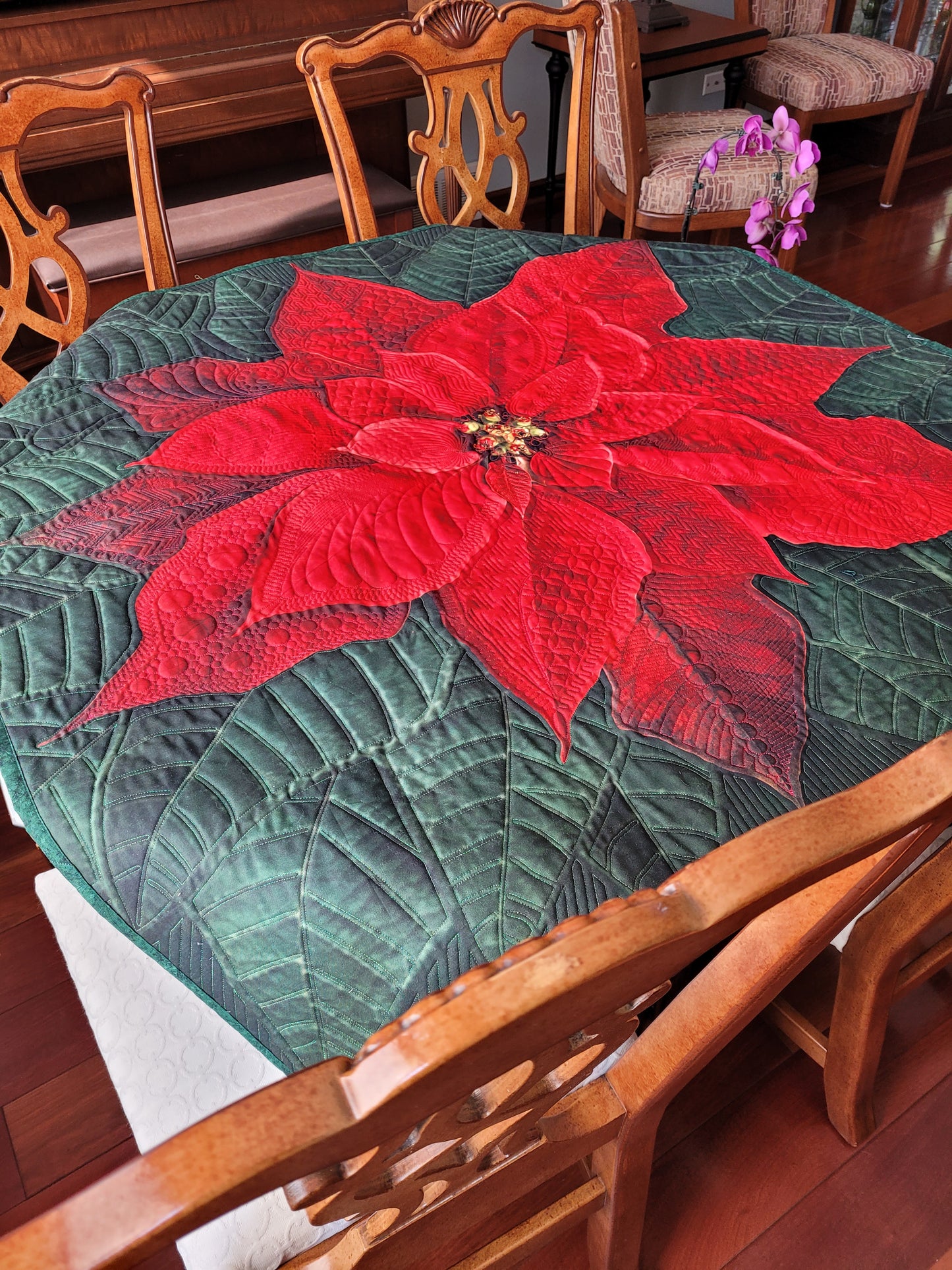 Dream Big Red Poinsettia Quilted Wall Hanging or Table topper, approx 43 x 43 inches