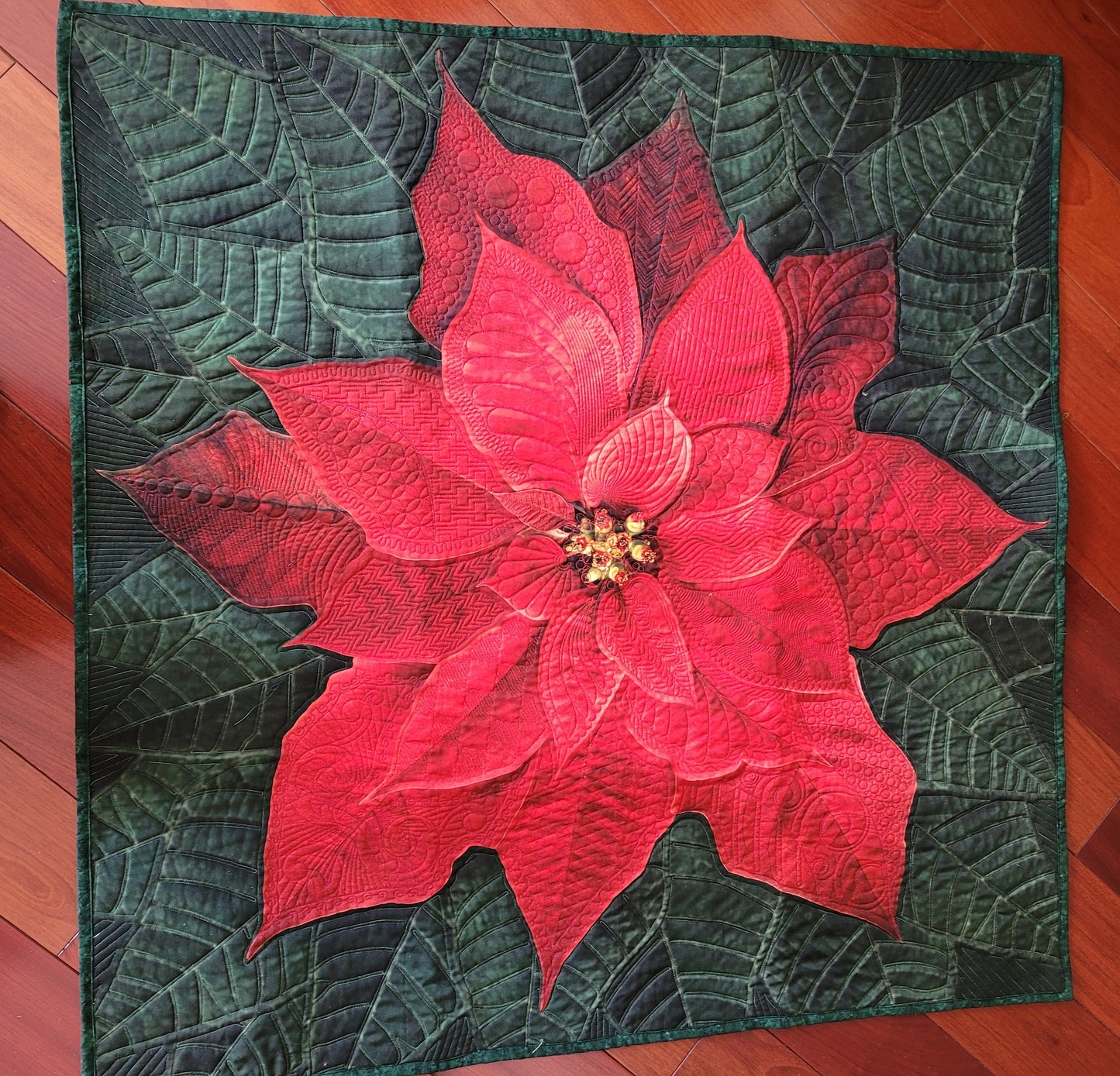 Dream Big Red Poinsettia Quilted Wall Hanging or Table topper, approx 43 x 43 inches