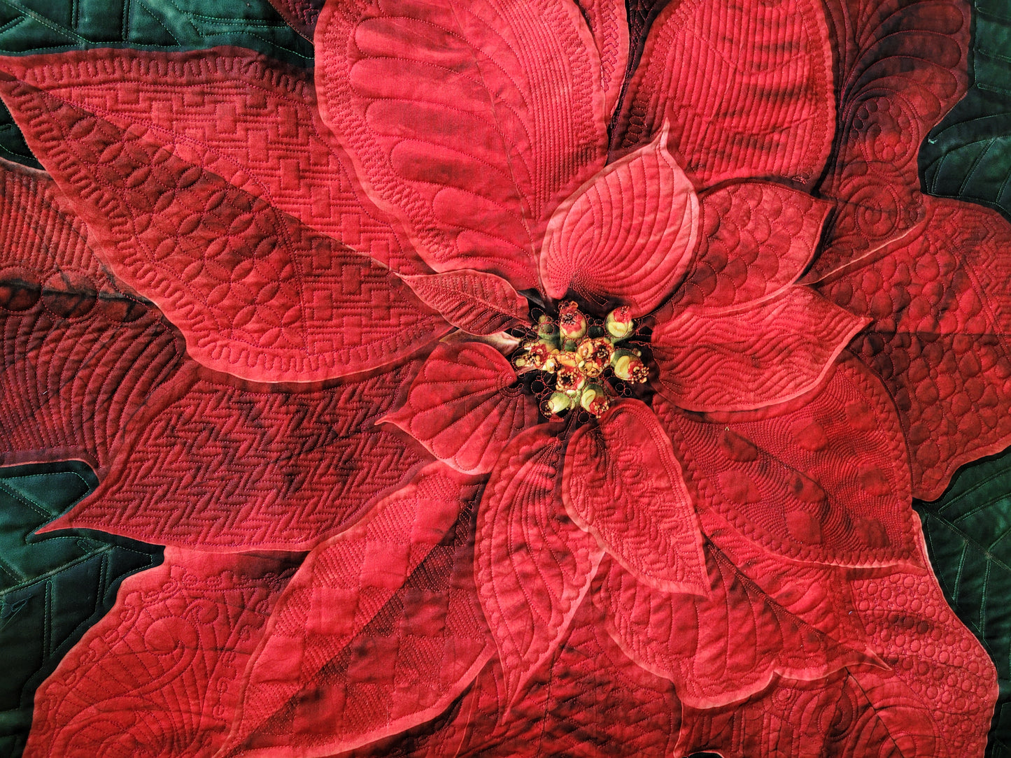 Dream Big Red Poinsettia Quilted Wall Hanging or Table topper, approx 43 x 43 inches