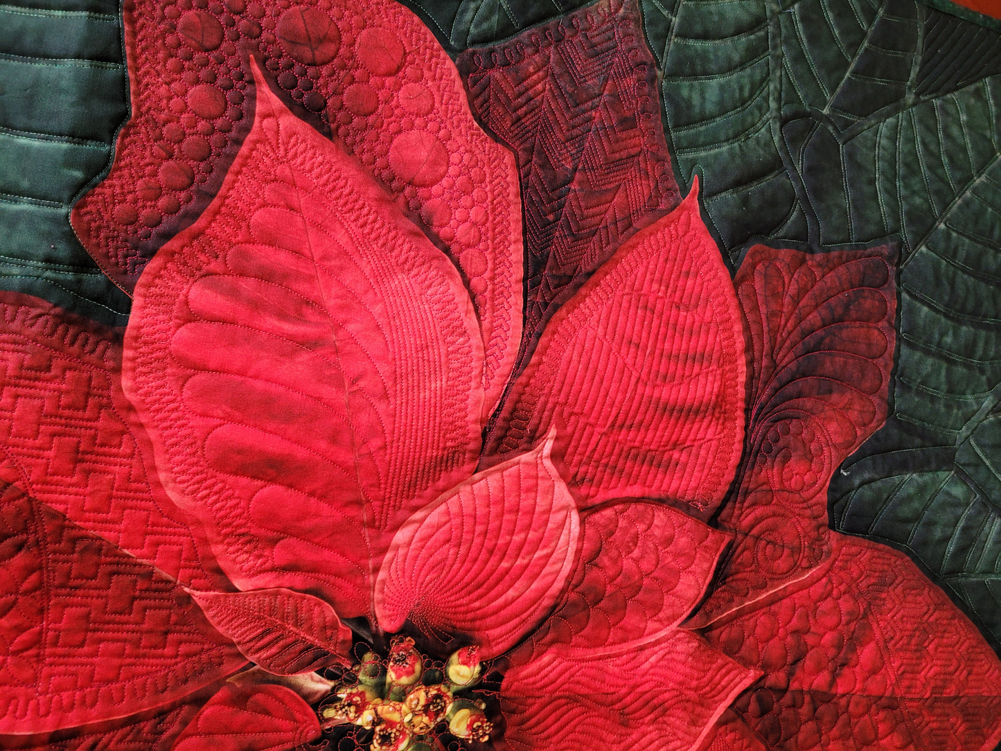 Dream Big Red Poinsettia Quilted Wall Hanging or Table topper, approx 43 x 43 inches