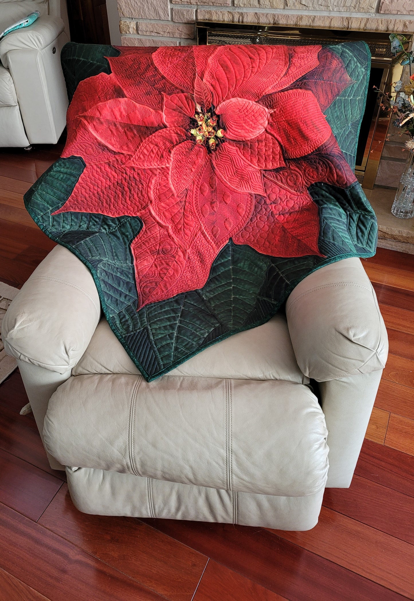 Dream Big Red Poinsettia Quilted Wall Hanging or Table topper, approx 43 x 43 inches