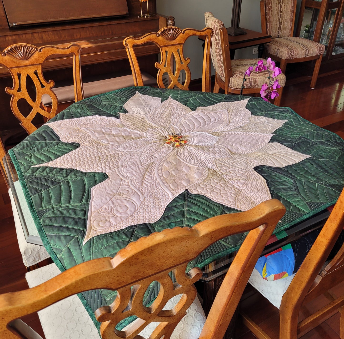 Dream Big White Poinsettia Quilted Wall Hanging or Table topper, approx 43 x 43 inches