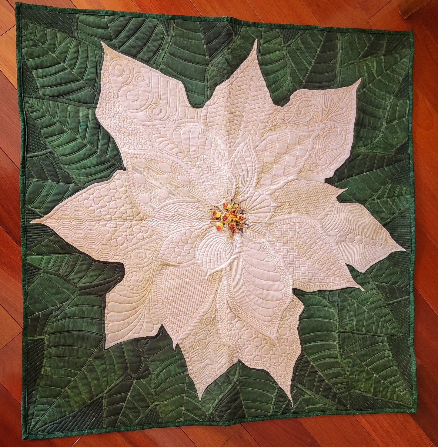 Dream Big White Poinsettia Quilted Wall Hanging or Table topper, approx 43 x 43 inches