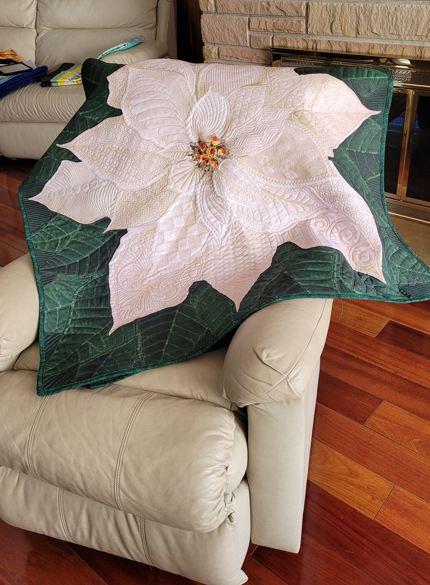 Dream Big White Poinsettia Quilted Wall Hanging or Table topper, approx 43 x 43 inches