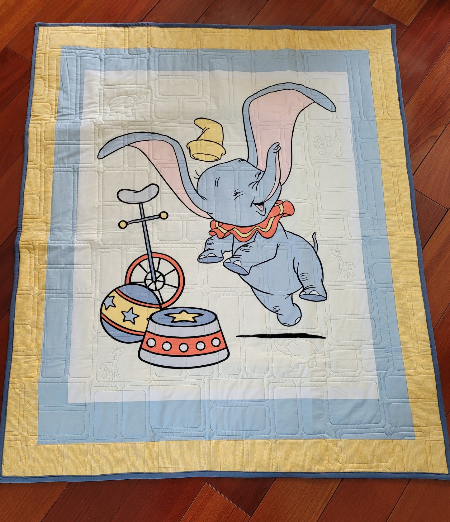 Dumbo Circus Toddler Quilt or Playmat - Yellows and Blues approx 41 x 48 inches -- baby shower or birthday gift