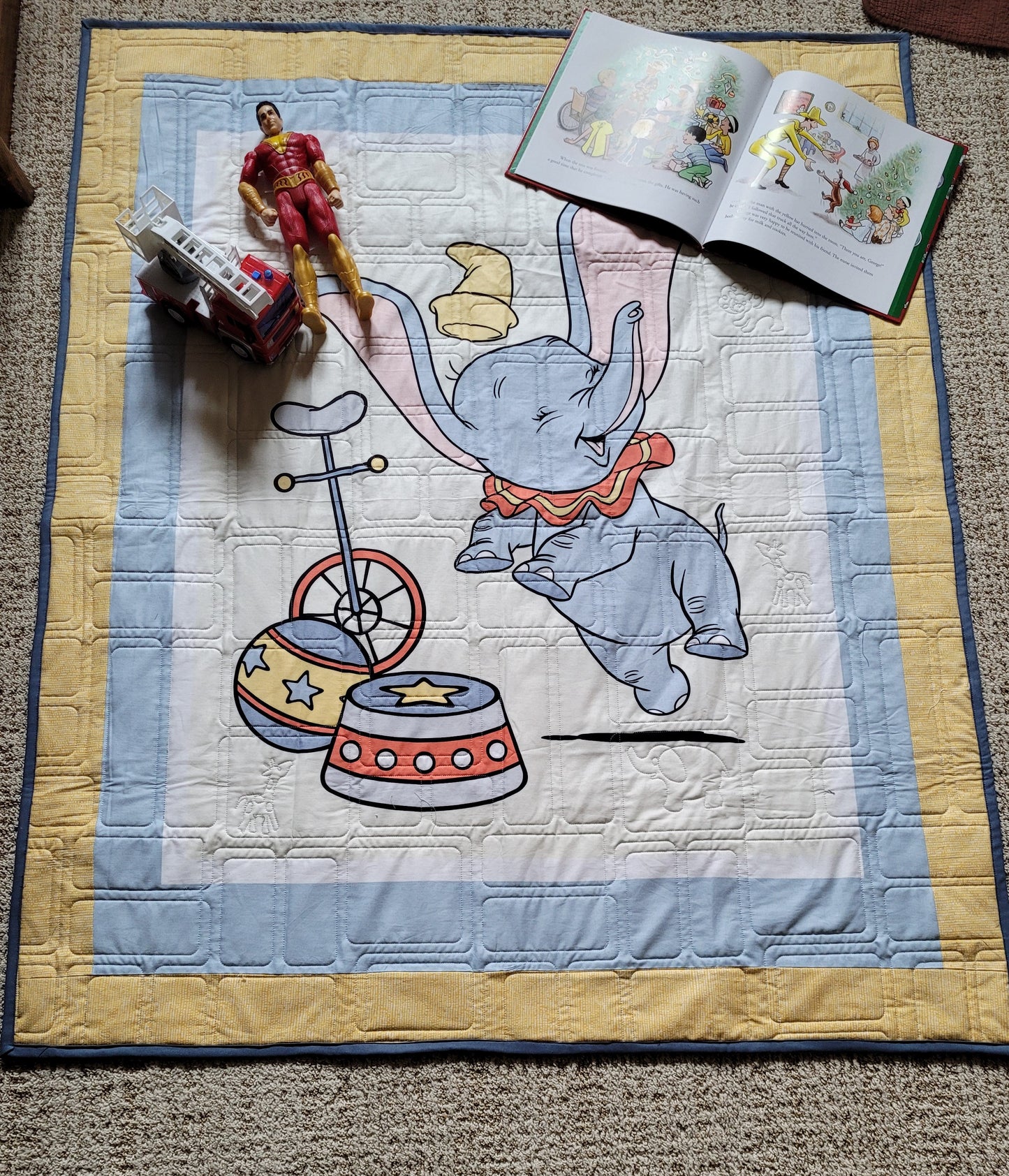 Dumbo Circus Toddler Quilt or Playmat - Yellows and Blues approx 41 x 48 inches -- baby shower or birthday gift