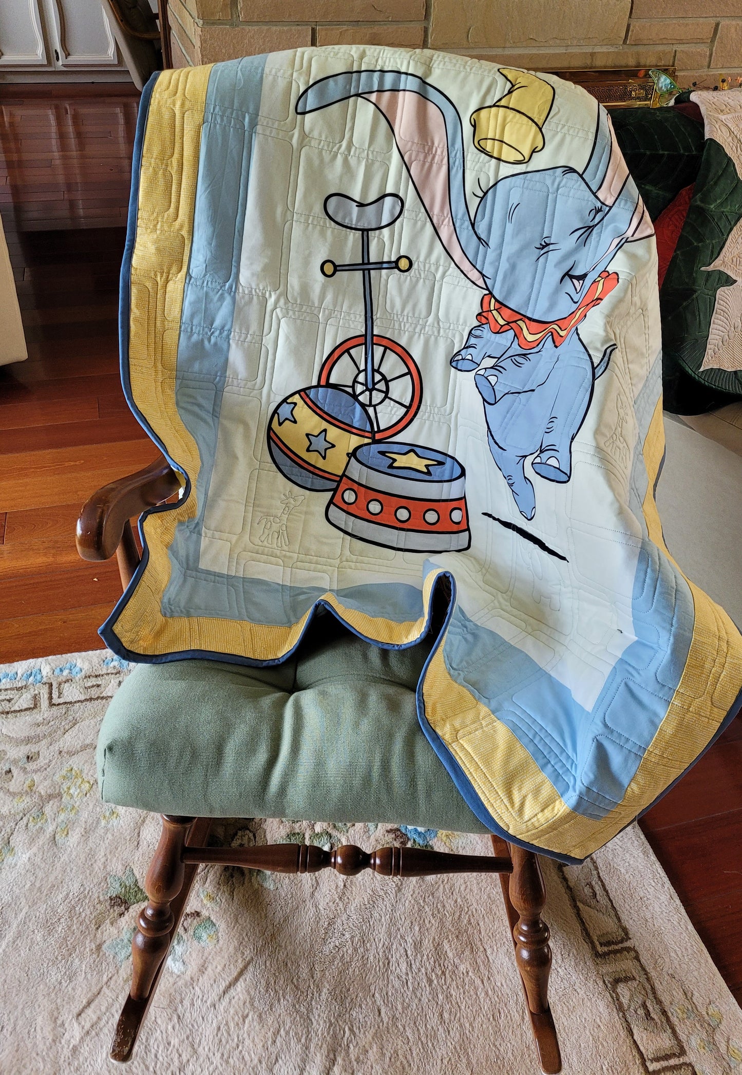 Dumbo Circus Toddler Quilt or Playmat - Yellows and Blues approx 41 x 48 inches -- baby shower or birthday gift